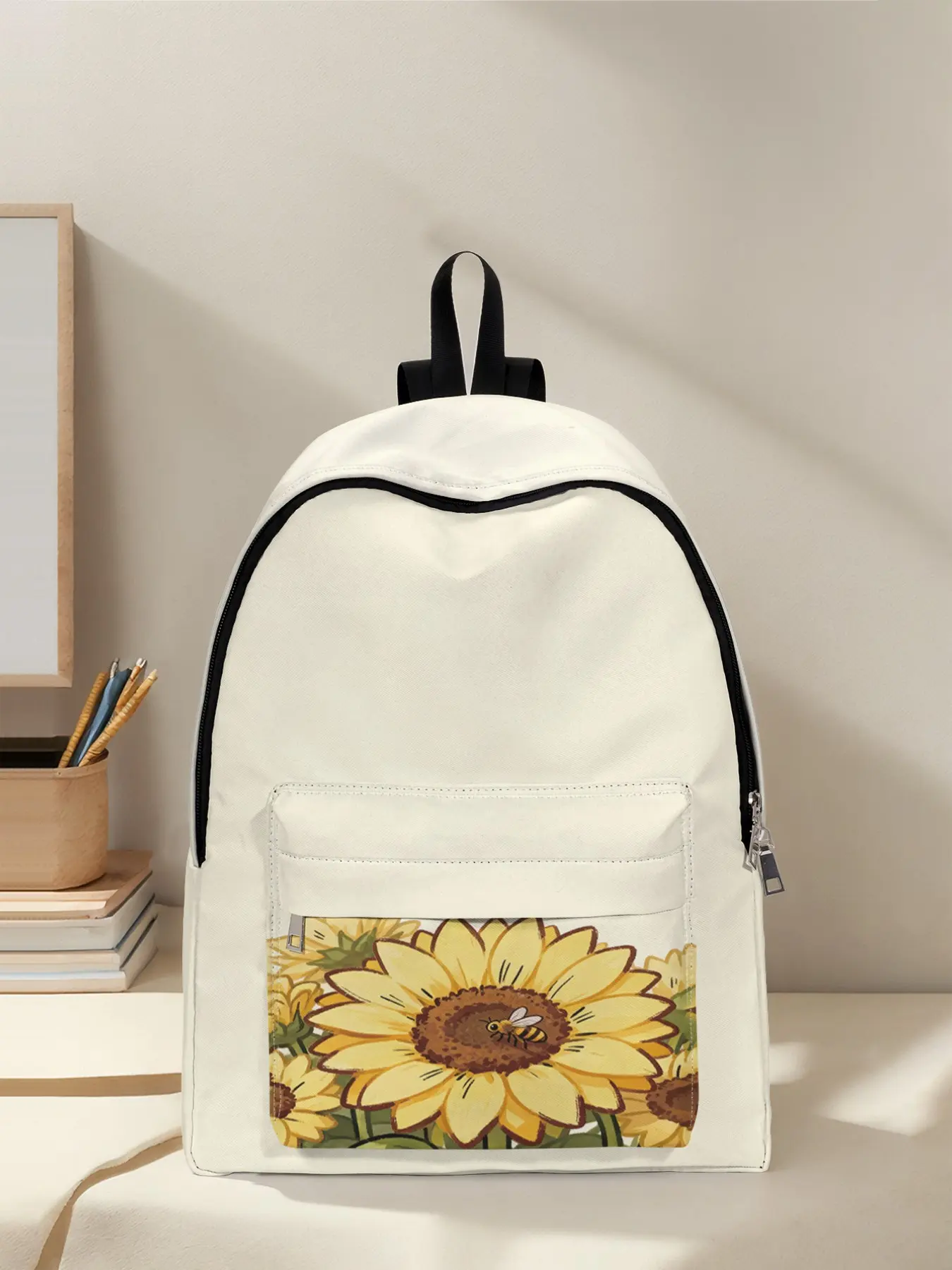 Sunflower Print Backpack, Fun Design, Fashionable Look, Spacious Storage, Ideal for School, Business Trip, Travel, All Seasons
