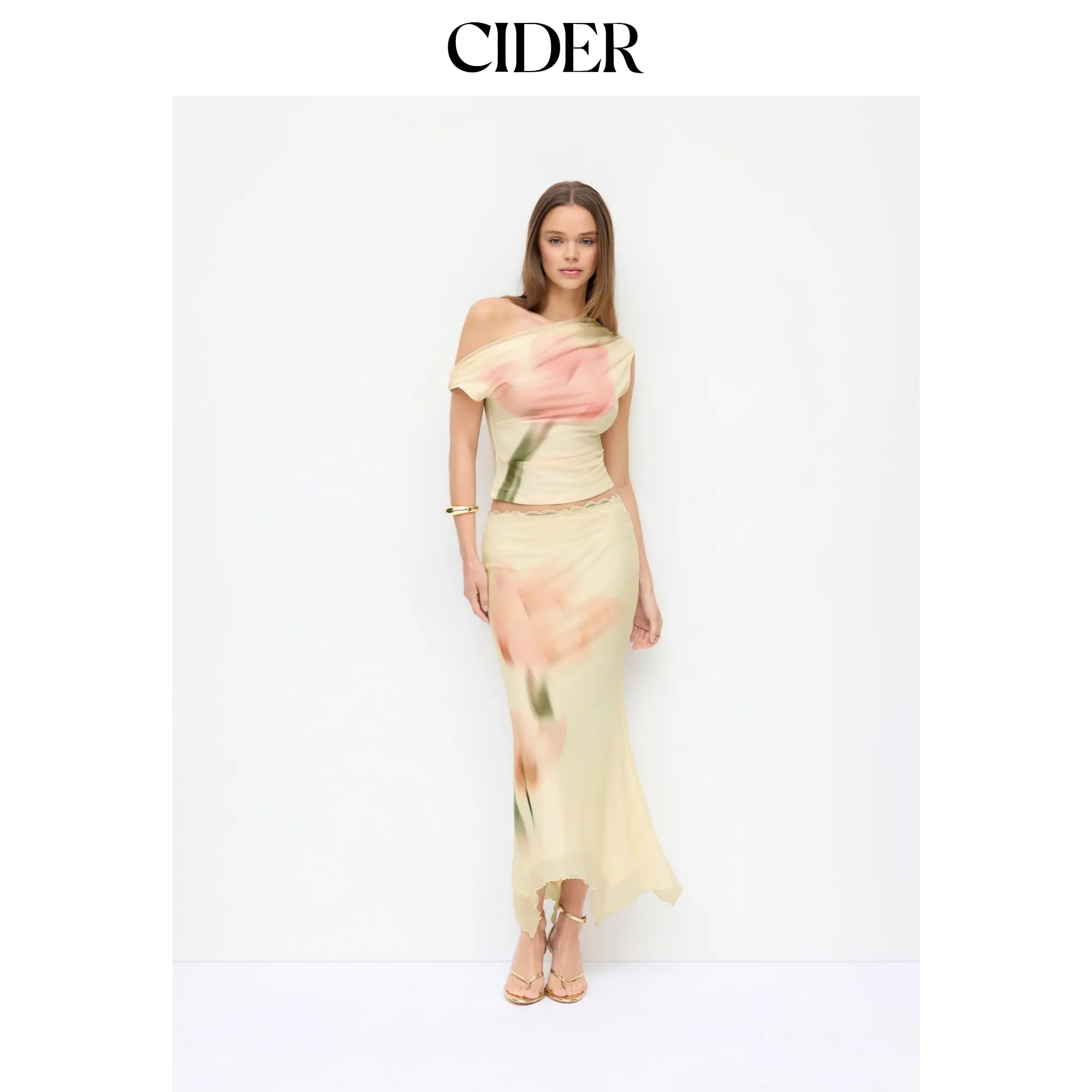 Cider Mesh Floral Graphic Asymmetrical Top & Mid Rise Mermaid Maxi Skirt Set SohoChic