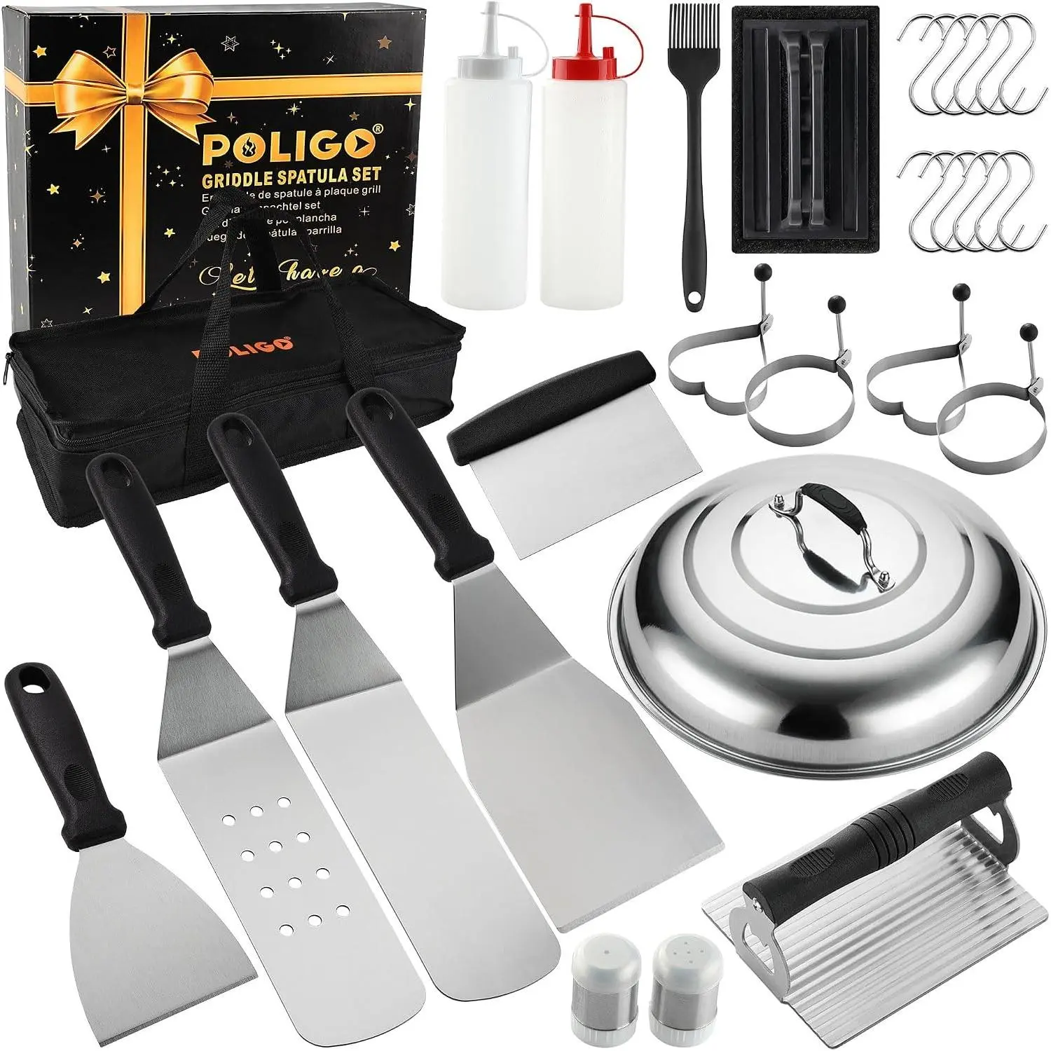 28PCS Griddle Accessories Kit, Flat Top Grill Accessories Set for Camp Chef, Grill Spatula Set with Enlarged Spatulas, Basting Cover, Scraper for Cooking Indoor or Outdoor BarbecueGift.