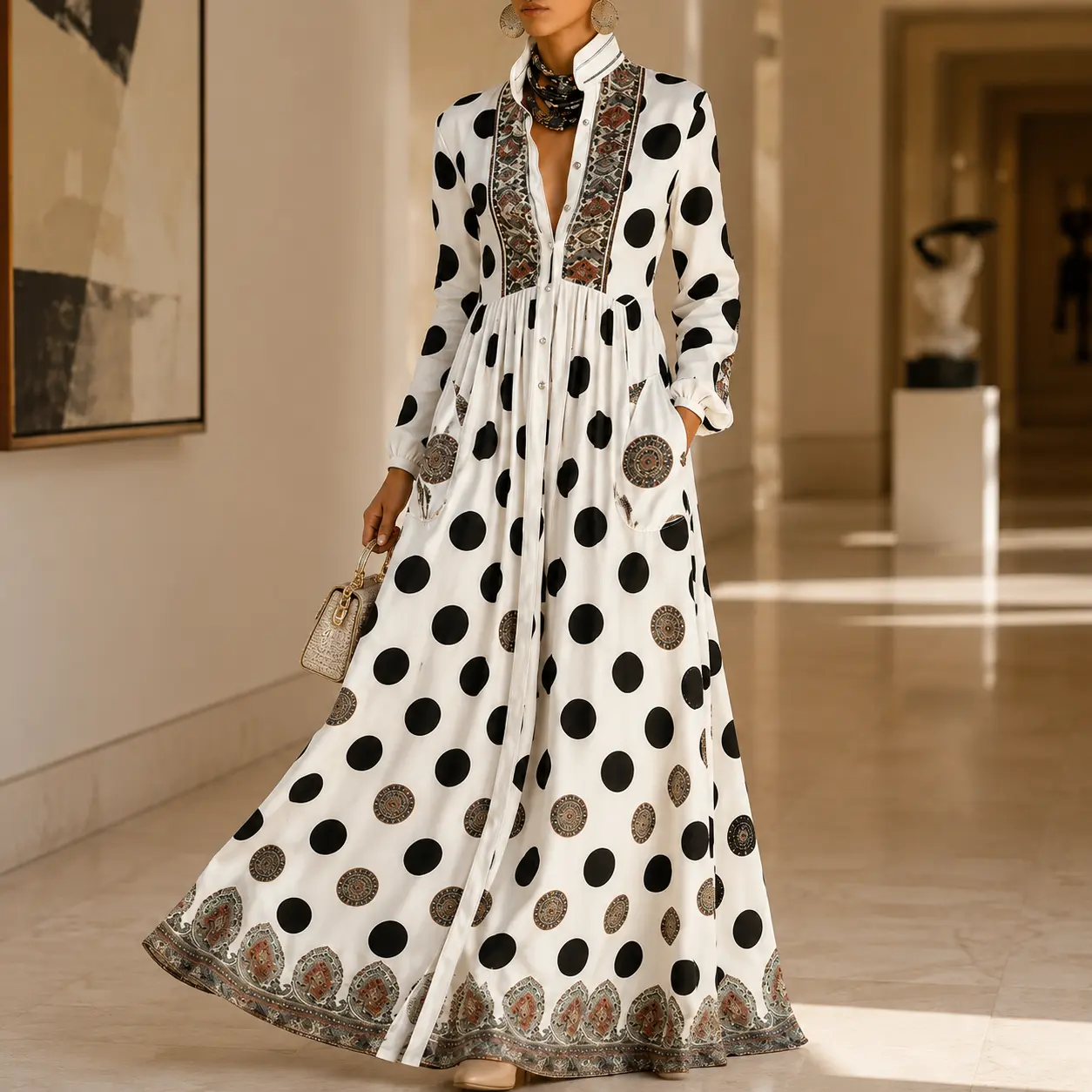 Vintage Polka Dot Ethnic Print Shirt maxi dress for Women, 2026 New Long Sleeve Stand Collar Elegant Evening Dress, boho dress, vacation dresses and wedding guest dresses for Party, Dinner, Holiday and Special Occasions