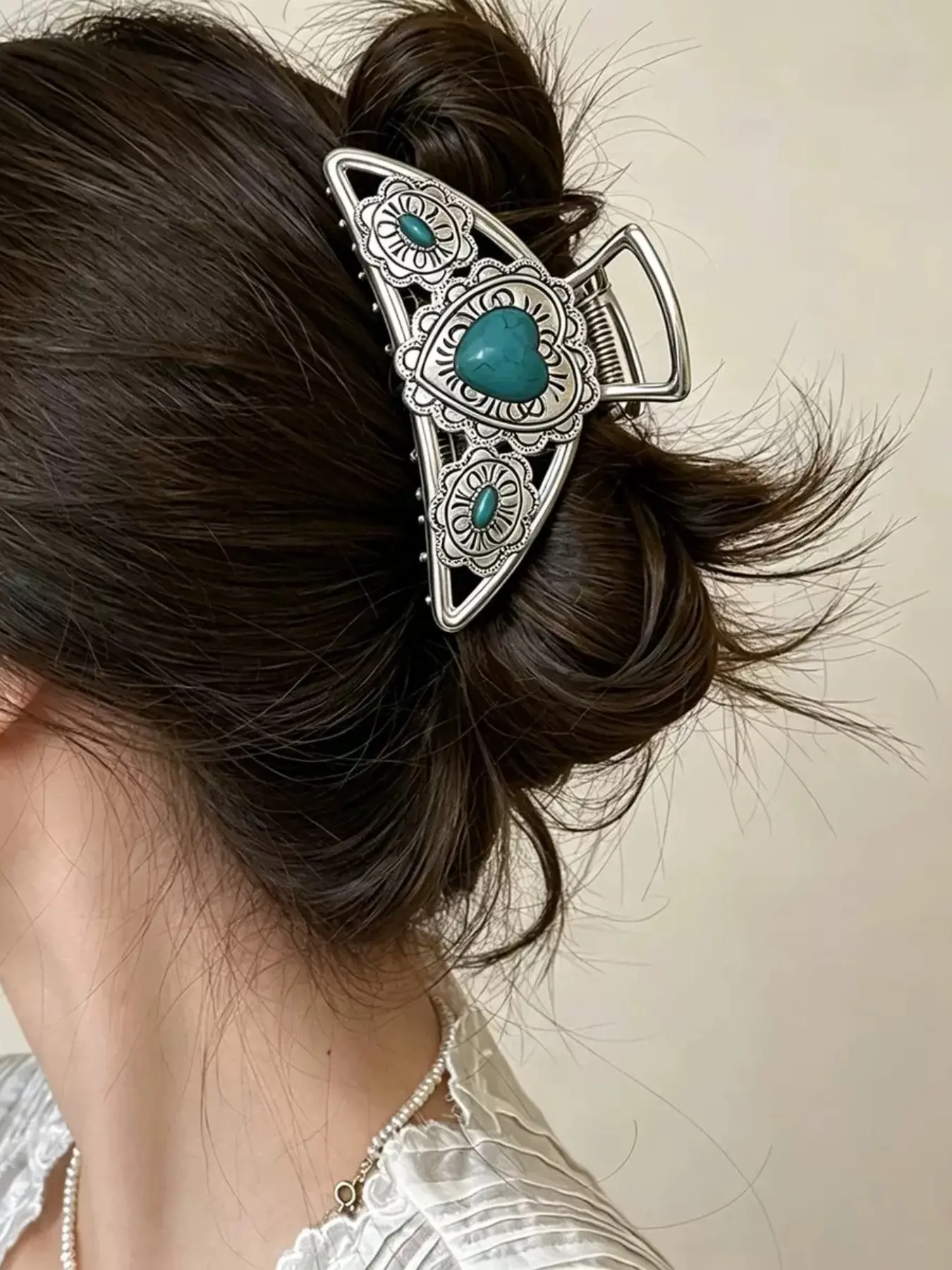 Vintage Turquoise Heart Large Hair Claw Clip, High-Quality Stylish Hair Accessory Gift, Daily Wear Hair Decoration, Claw Clip Ponytail, Claw Hair Clips