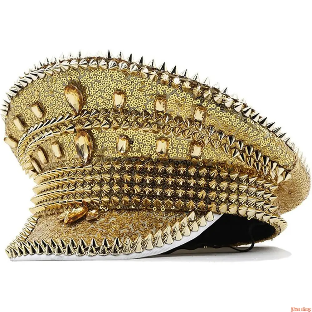 Women's Gold Glitter Sequined Captain Hat with Rhinestone Accents - Accessories for Women, Steampunk Bachelorette Hen Party Photo Prop, 2000s Festival Accessory