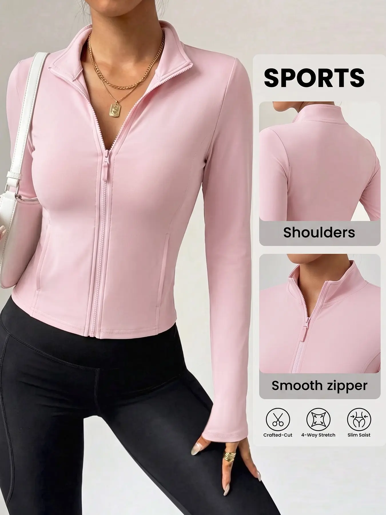 Women Pink Stand Collar Zip Up Cropped Workout Jacket, Thumb Hole Slim Quick Dry Yoga Outerwear With Pockets, Athletic Sun Protection Top Match Leggings #tiktokshopmademebuyit #gymjacket #yogawear #athleisure
