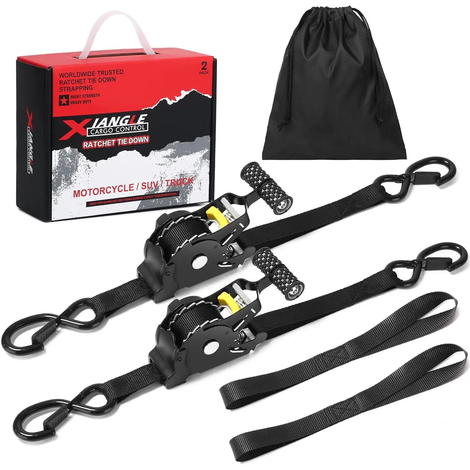 Auto-Retractable Ratchet Straps (2Pk) - 1,500 Capacity, 1" x 10' Duty, Non-Slip Padded Handles,, 2 Soft Loops - for Trucks, Trailers, Motorcycles, ATVs, Kayaks, Cargo