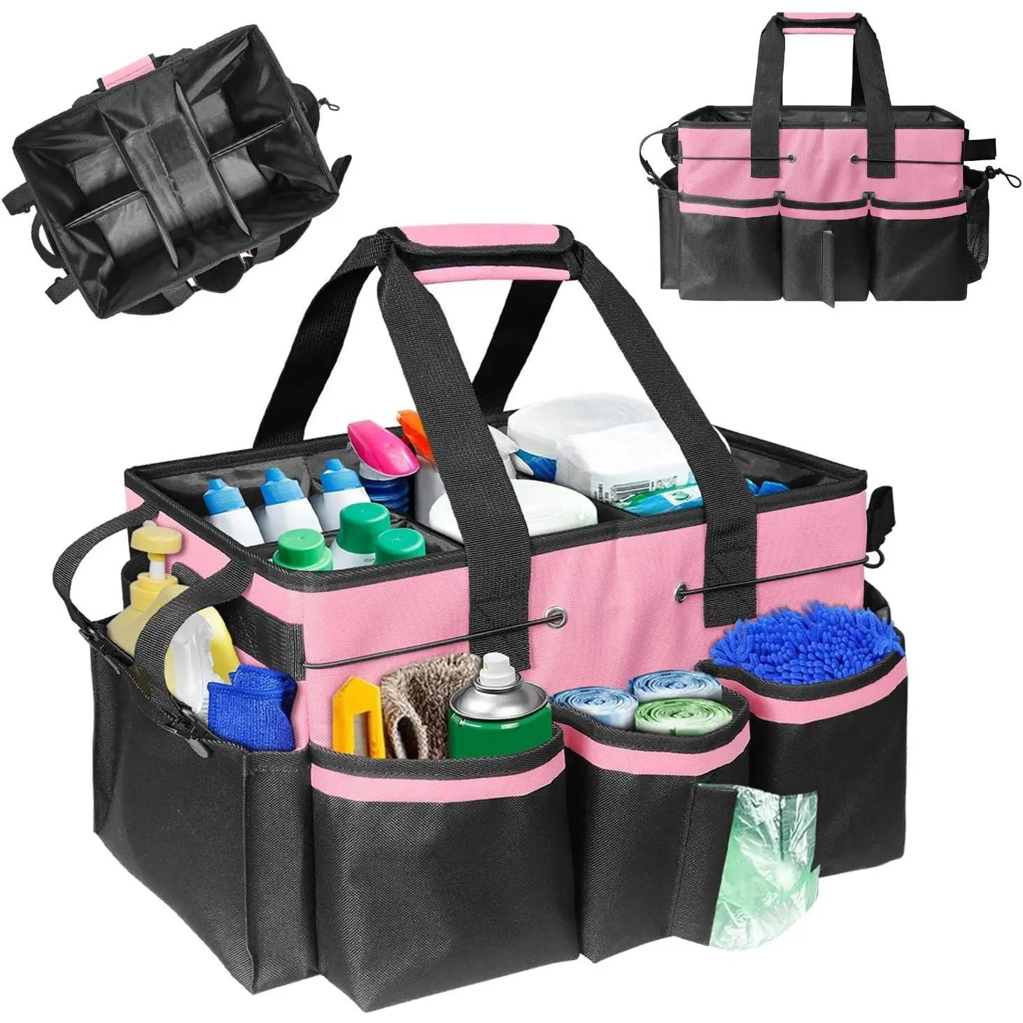 Cleaning Caddy Bag Wearable, Cleaning Caddy Supplies Organizer with Handle, Shoulder Straps & Detachable Divide, Cleaning Tool Organizers Tote Bag for Cleaners & Housekeepers(Pink)