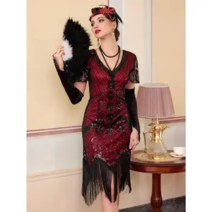 1920S Vintage Sequin Skirt Gatsby Ball Fringe Dress Party Evening Dance Dress Beaded Gown