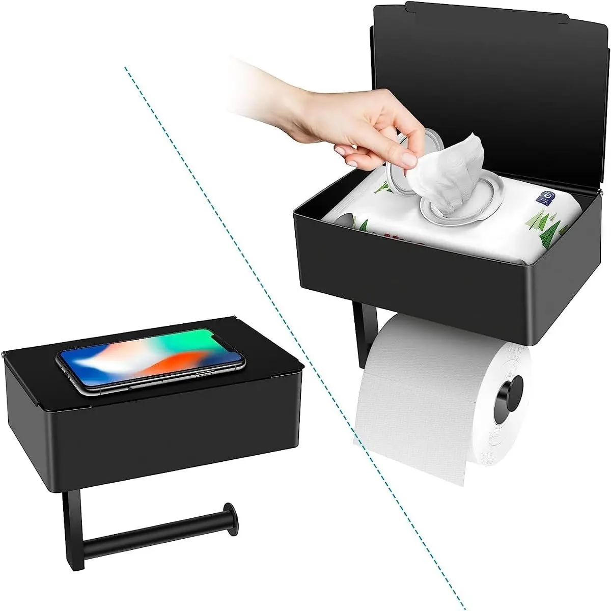 Paper Holder with, Shelf of Tissue Holder, Paper Roll Holder, Black Stainless Wall, No Installation & Flushable Wet Wipes