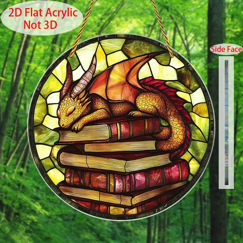 Book Dragon Suncatcher Tapestry Wall Hanging - Acrylic Glass Wall Art with Sunshine-Light Effect, Indoor-Outdoor Window Decoration Gift for Fantasy Lovers (Porch, Bedroom Use)