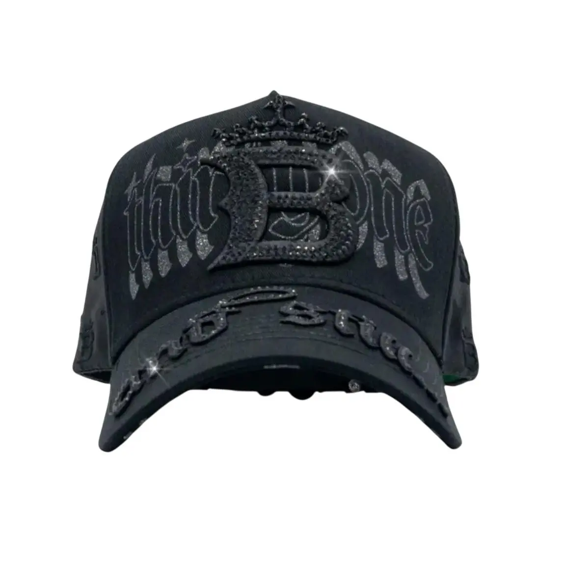 All Black Crystal Studded Crown Big B Embroidery Distressed Baseball Cap Gothic Punk Trendy Street Sun Hat For Men Women