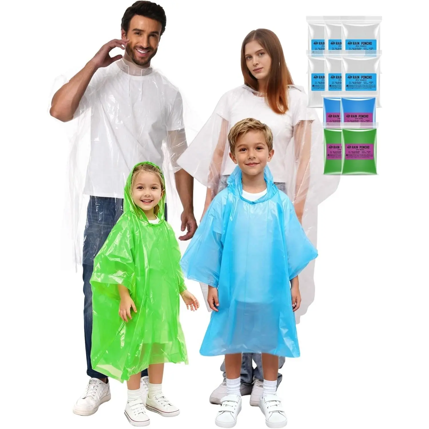 10-Pack Family Disposable Rain Ponchos - 2X-Thicker 100% Polyethylene Solid Waterproof Foldable Individually Packed Pocket Raincoats with Hood for Adults, Child, Outdoor Events