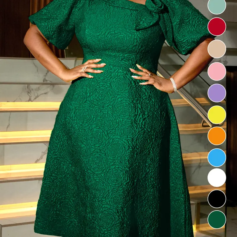 Aomei Plus Size Fashion Bubble Sleeve High Waist Slimming Elegant Dress, a Line Formal Party Dress, Wedding Guest Wear, Knee Length, Plain, Fitted, Unlined