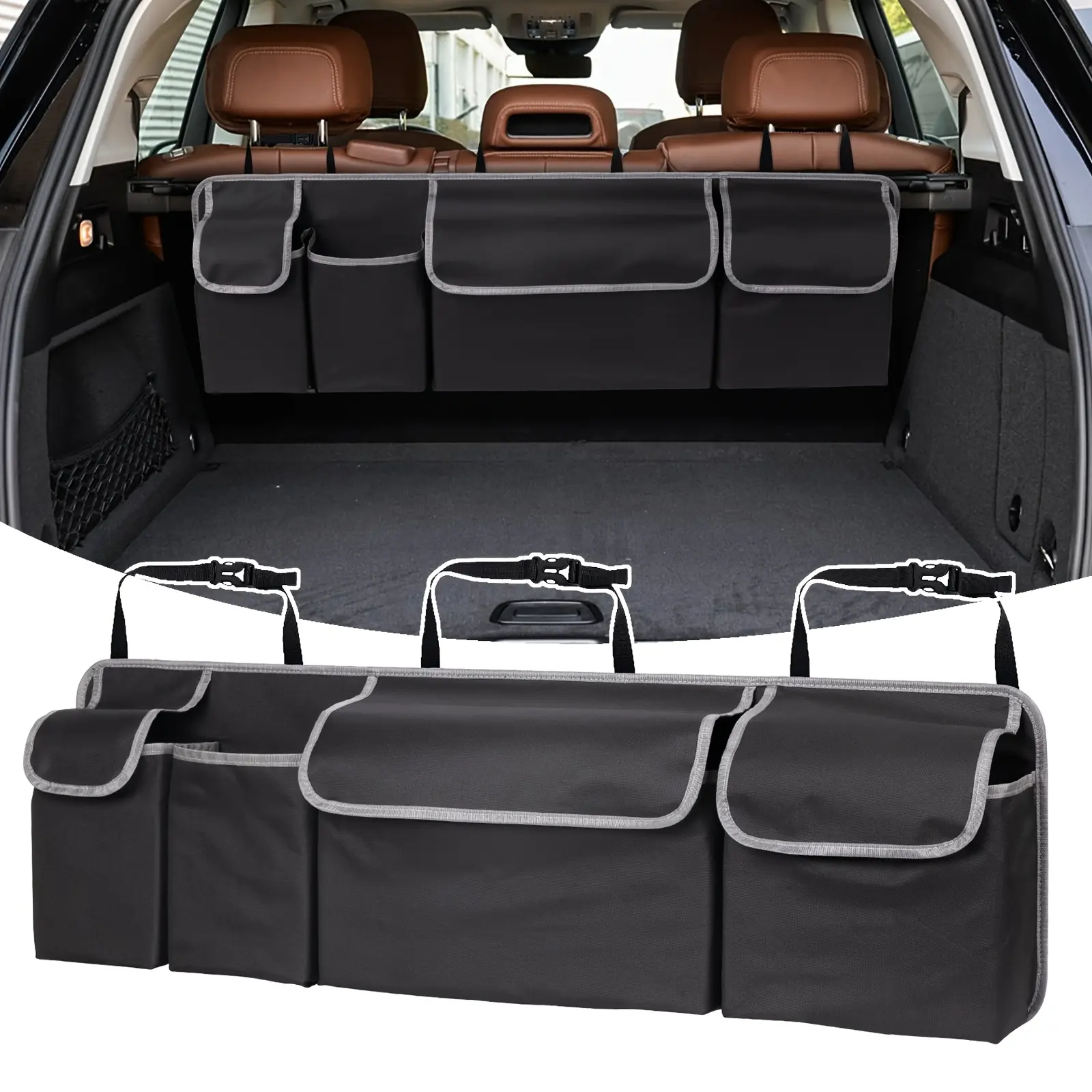 Car trunk storage organizer with spacious rear seat suspension, three adjustable shoulder straps and four pockets for SUVs, trucks and MPVs, Interior car accessories