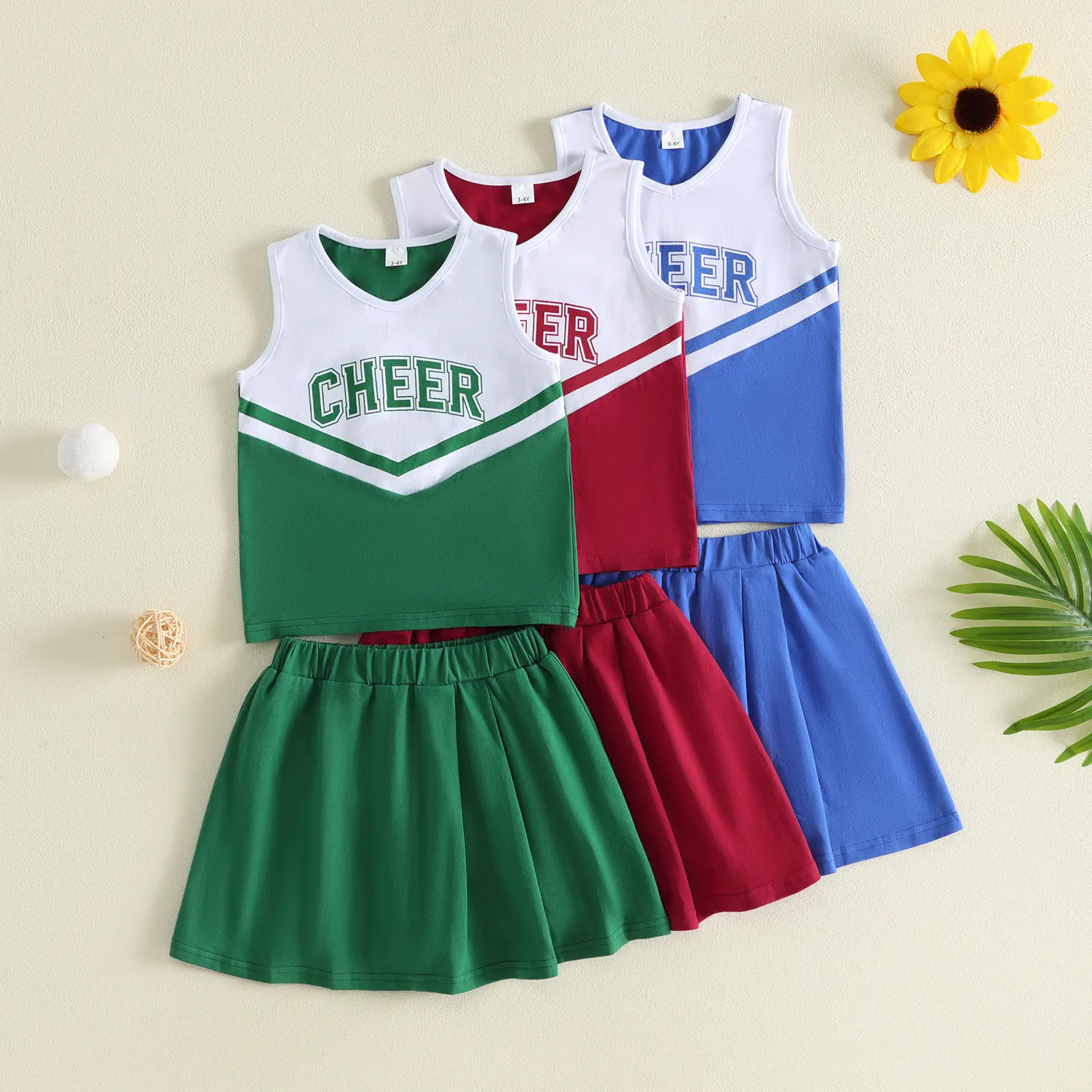 Toddler Baby Little Girl Cheerleading Outfits Letter Print V Neck Sleeveless Tops and A-line Skorts 2 Piece Set 1-6 Years