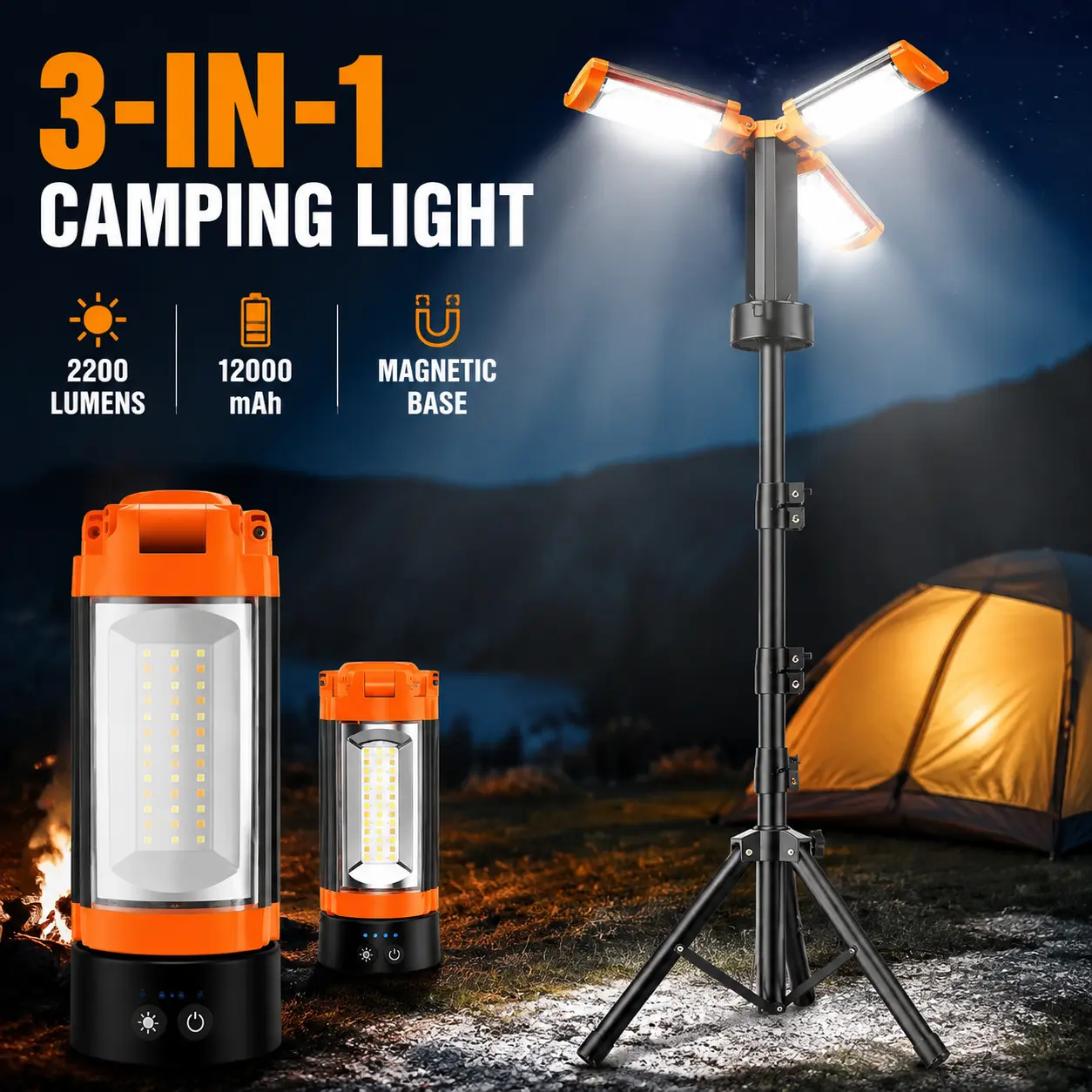 Rechargeable 12000mAh Camping Light with Adjustable Stand |   Cordless Work Light with 3 LED Lamp Heads, 2200 Lumens Dimmable Magnetic Emergency Flashlight with Detachable Tripod, Orange