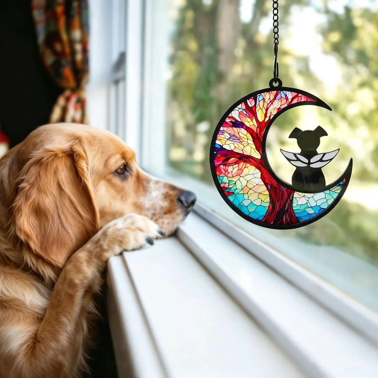 Handmade Wood Pet Memorial Suncatcher - DIY Dog Angel Window Hanging with 1 Chain, Lights Up, Sympathy Gift for Loss of Dog Cat Including Rainbow Bridge Card, Memorial Gift, 1 Memorial Card