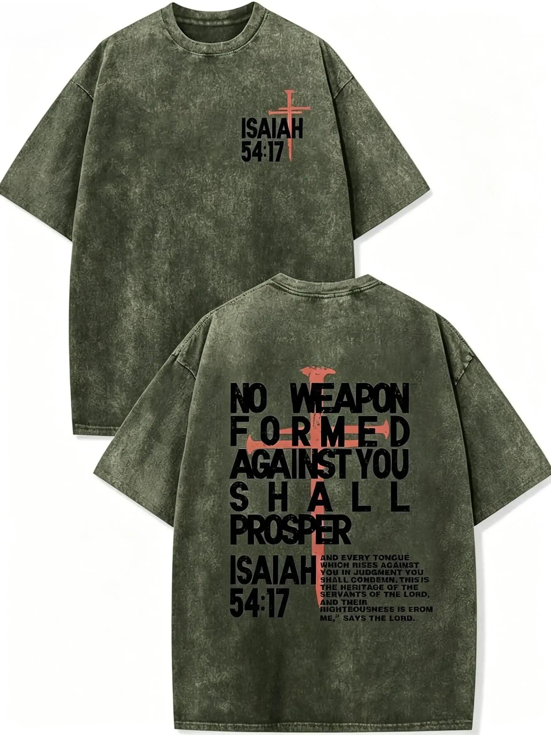 Men's Casual Retro Oversized Short-Sleeve Round Neck T-Shirt - Acid Wash Drop Shoulder, Christian Faith Graphic Print, Distressed Streetwear Top