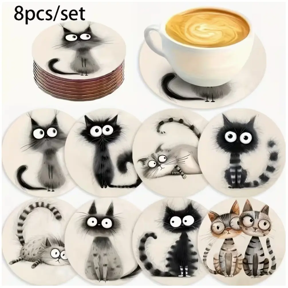 set of 8 Cat Coasters for Coffee & Tea | Perfect Gift for Cat Owners | Wooden Drink Mats | Non-Slip Table Decor | Unique Feline Design Coaster Set