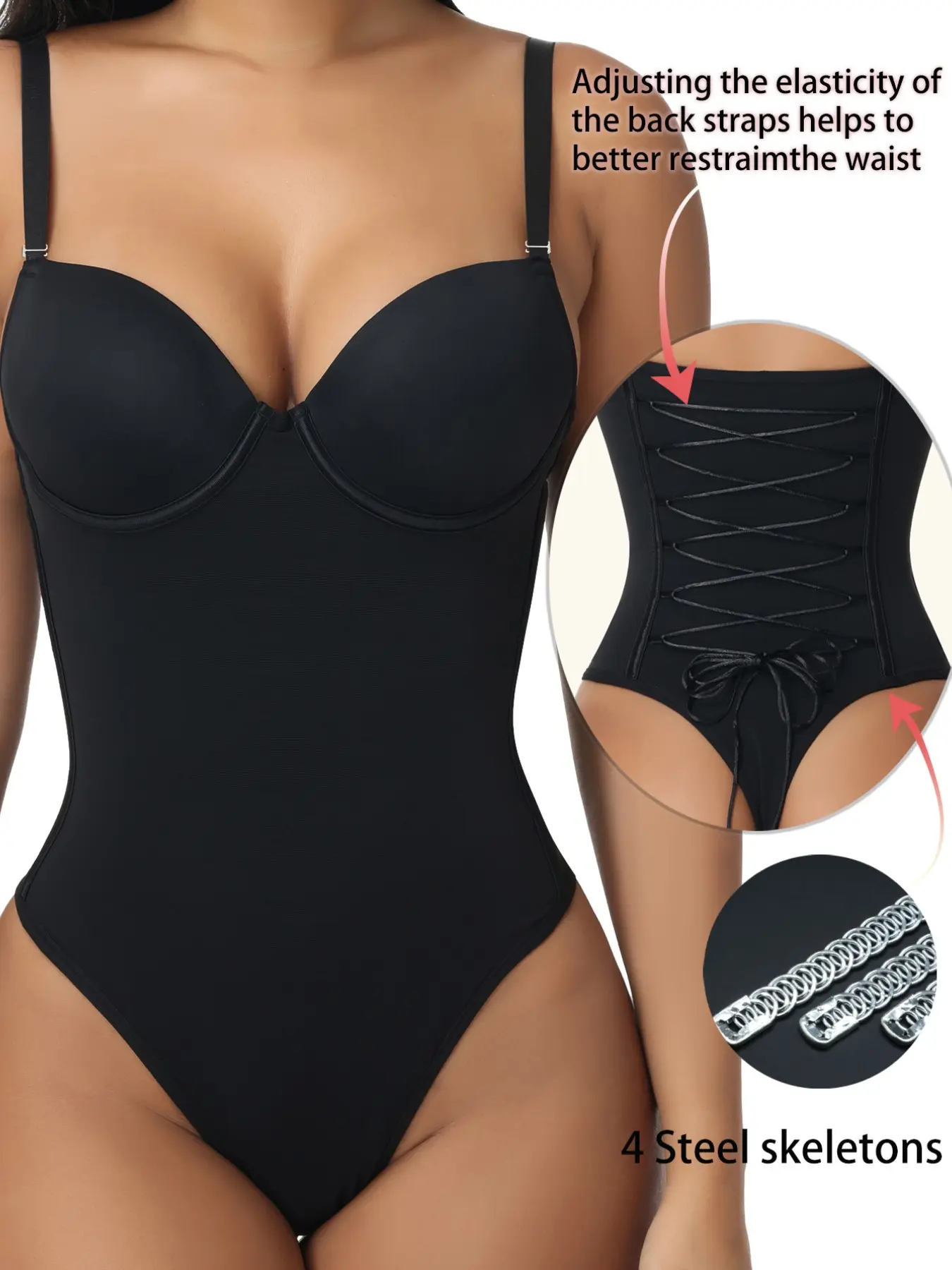 Elegant Women's Plain Color Adjustable Strap Knit Bodysuit, Abdominal Control Shapewear, Underwear, Comfortable Fit for Daily Wear, Basic