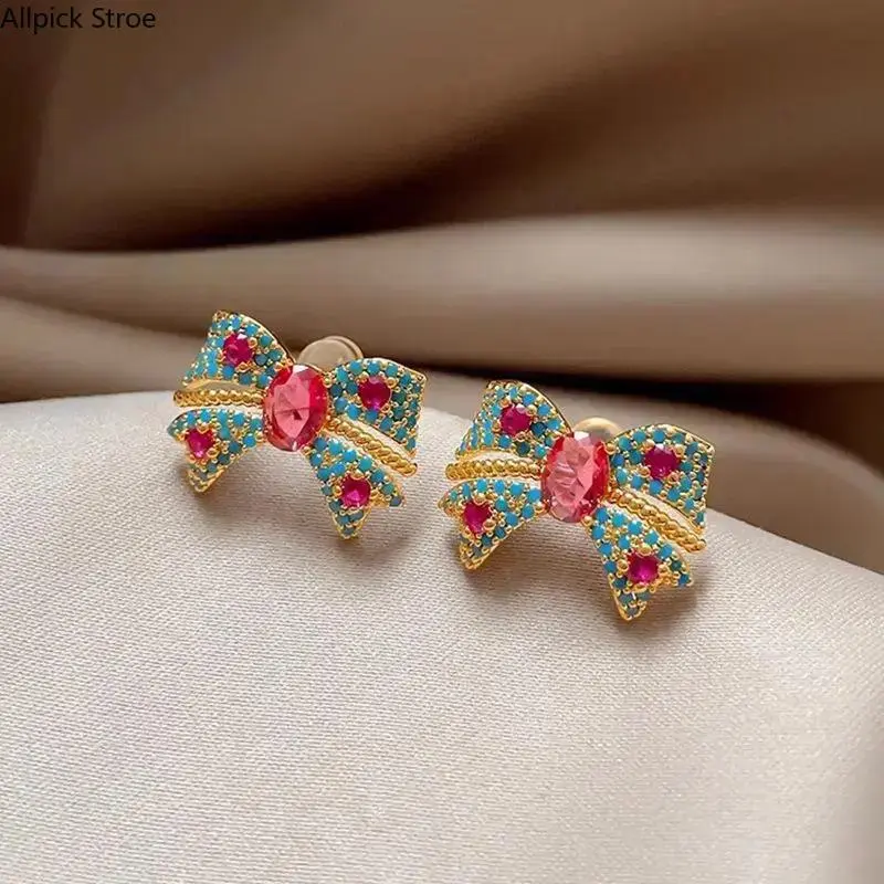 Elegant Minimalist Bow Earrings for Women, Steel Plastic Studs with Inlaid Blue Synthetic Zirconia - All-Seasons Luxury Look, Ideal Gift Choice