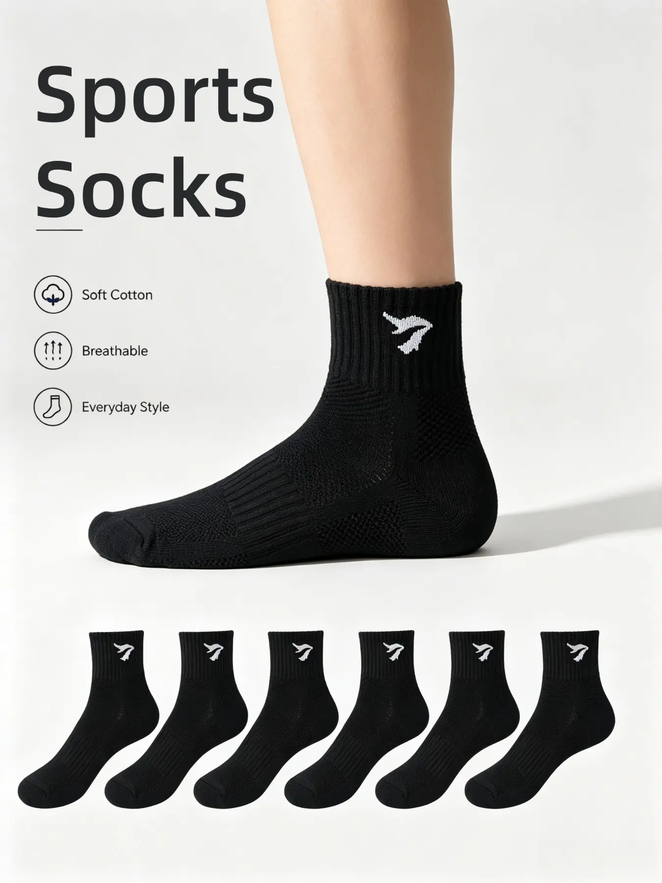 6 Pairs Men's Sports Mid-Crew Socks, High-Quality Cotton, Breathable Mesh, Durable Anti-Slip, Casual Daily Wear, Spring & Fall