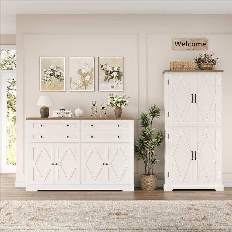 【2 packages shipping】HOSTACK Buffet Cabinet, Coffee Bar with 4 Large Drawers, Kitchen Storage Cabinet, Modern Farmhouse Sideboard Buffet, Adjustable Shelves