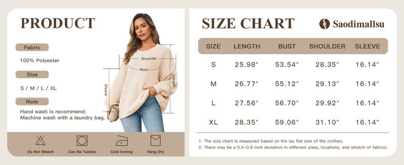 Saodimallsu Womens Oversized Sweater Chunky Crew Neck Long Lantern Sleeve Knit Fall Trendy Tunic Sweaters Top Beige Knitwear