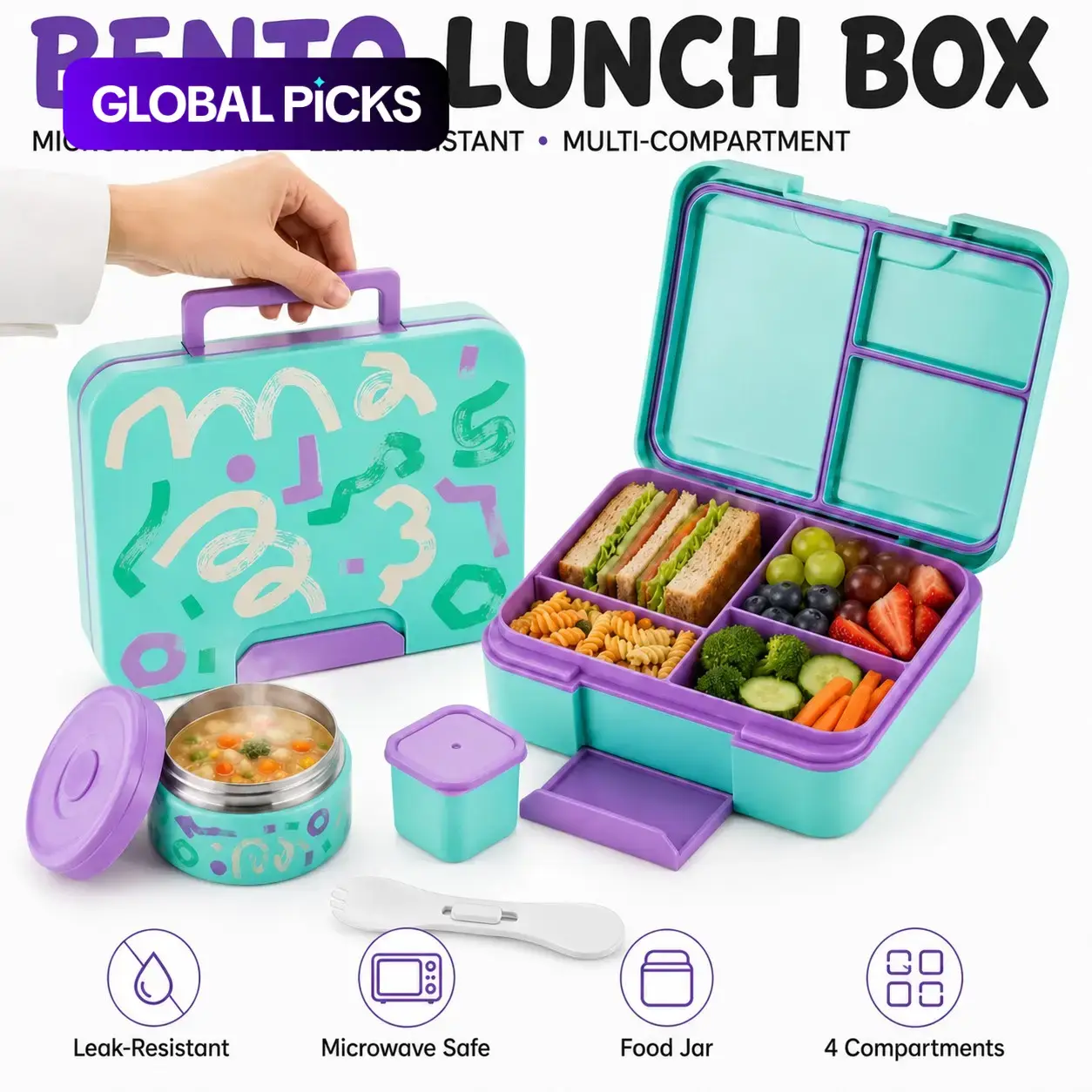 Lunch Box Insulated Portable Bento Lunchbox with Soup, Adjustable Four-Compartment Multi Compartment Leak-Proof Food Container, School and Travel Insulated Hot Meal Jar, Divided Food Storage Containers Leakproof Lunch Containers #GLOBAL PICKS