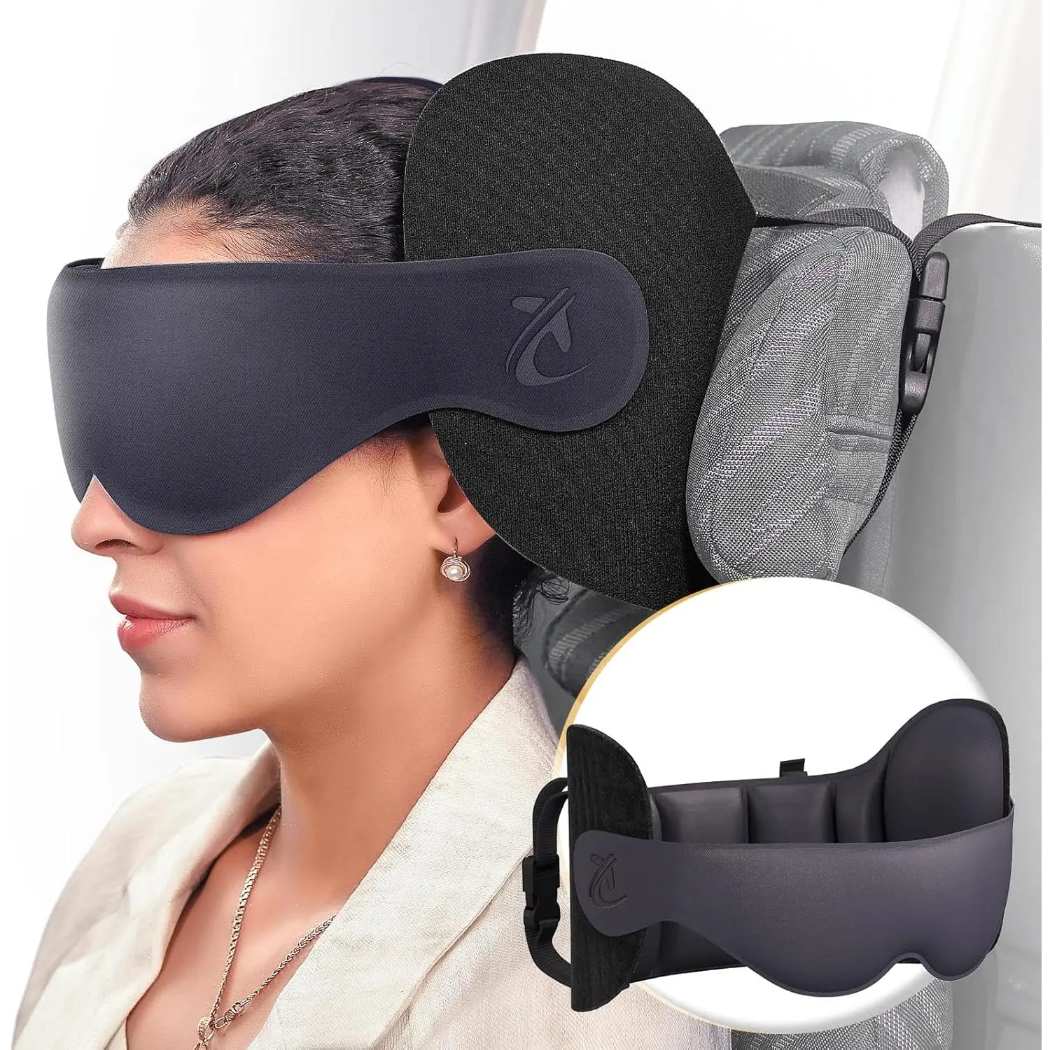 Travel Pillow, Airplane Neck Pillow & 3D Eye Mask for Long Flight| Oversized Plane Head Strap for Sleep, 360°Headrest, Stop Bobblehead, Travel for Men Grey