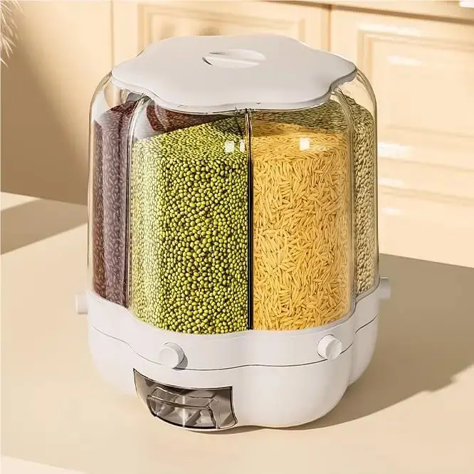 Rotating Dry Food Dispenser - High-Capacity Kitchen Household Products Airtight Containers, Portion-Controlled Canister with White Lid Utensil for Rice, Grains, Cereal Flour Dispensers