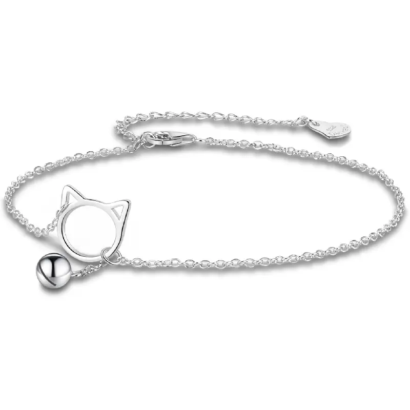 Women 925 Sterling Silver Anklet Bracelets Cute Cat/Bell Pendant Chain Beach Anklet Bracelet Boho Adjustable Size Anklet Jewelry Gift for her