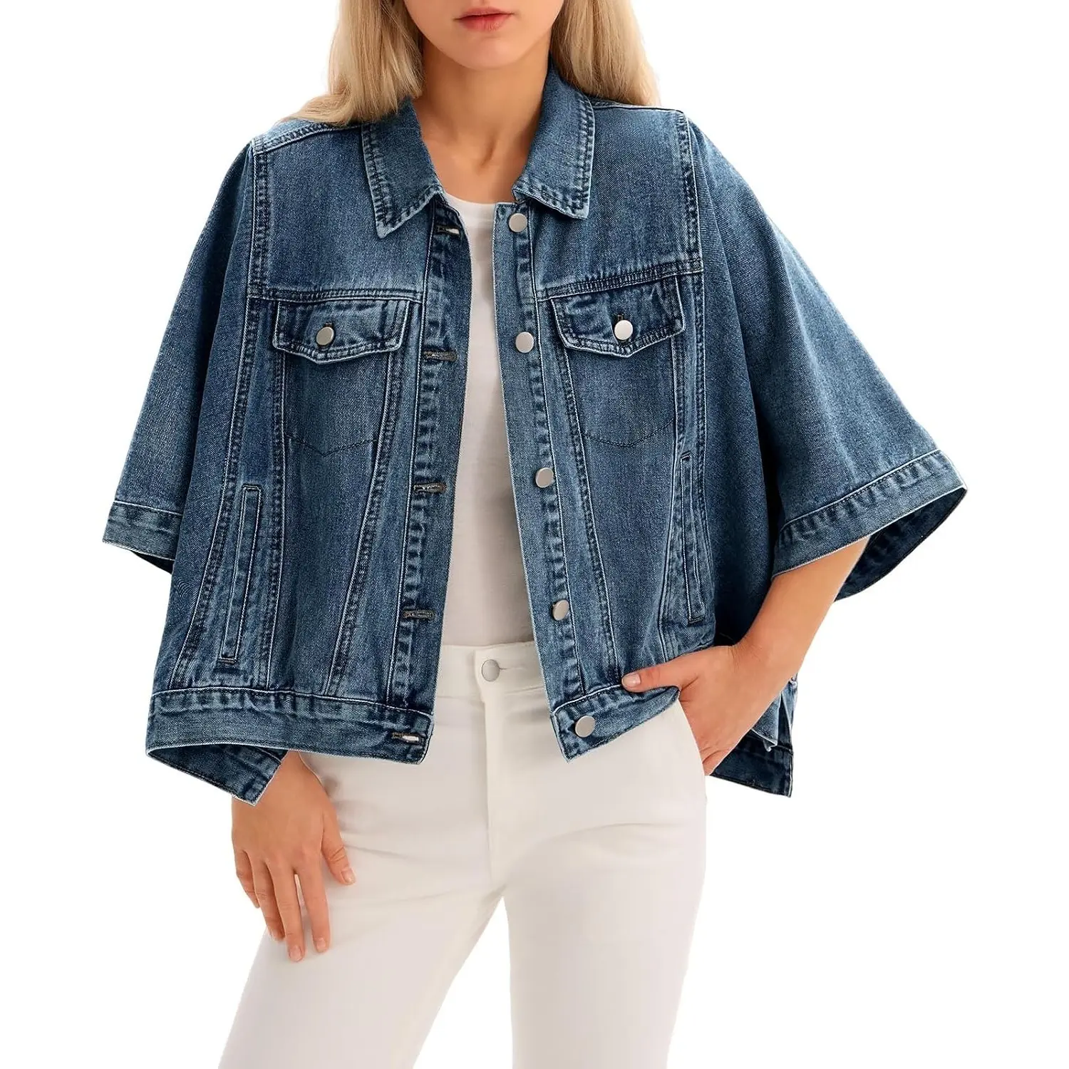 Tankaneo Womens Jean Jacket Oversized Cropped Short Sleeve Cotton Denim Jacket Fall Trendy Cape Outerwear with Pockets