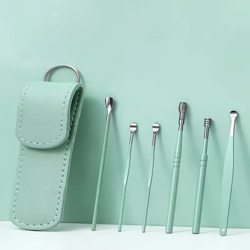 Ear Cleaning Kit Six-Piece Set, Stainless Steel Ear Picks, Leather Case, Home Use, Ear Pick, Gentle on Ears, Glow Feature
