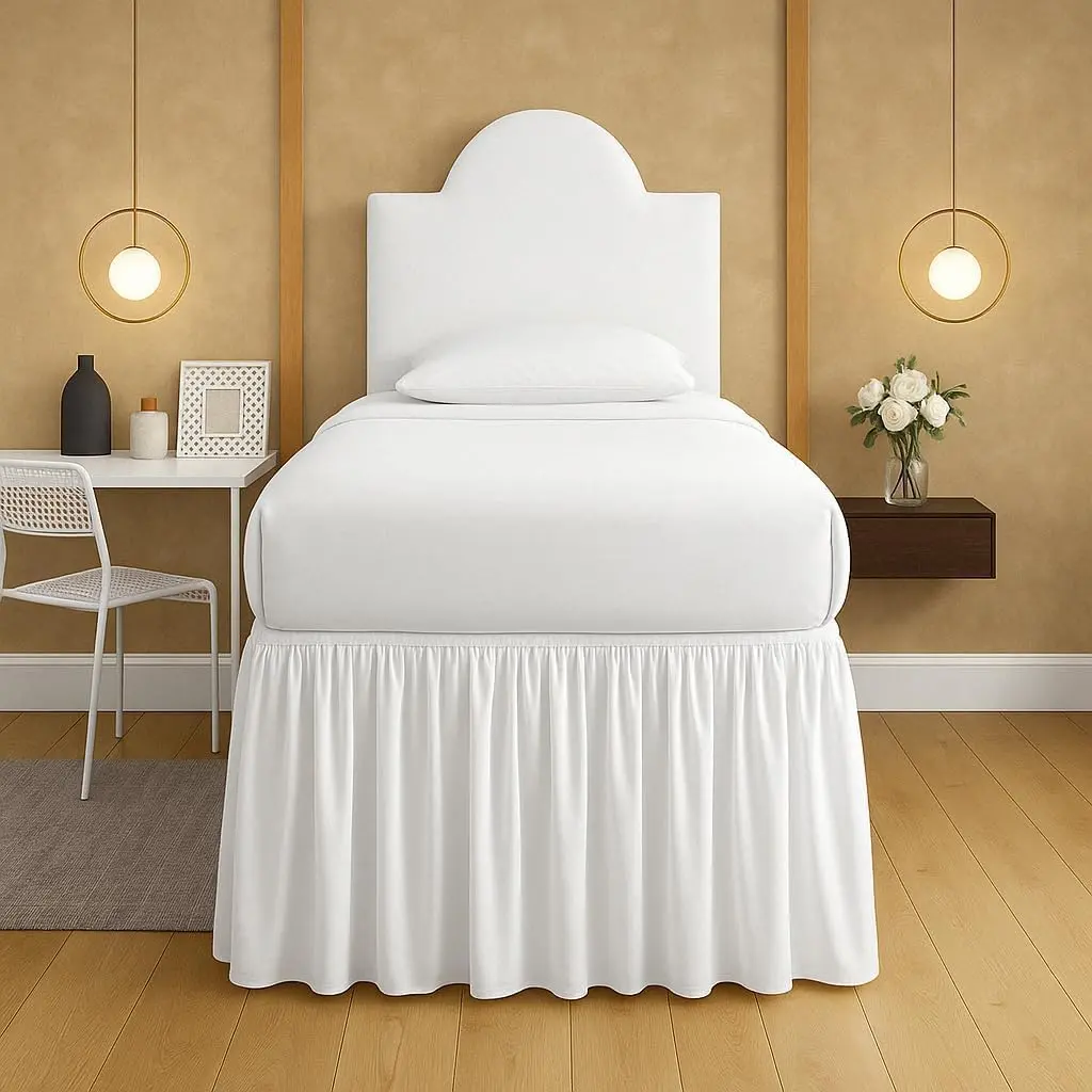 Dorm Bed Skirt Twin XL 32 Inch Drop Tailored with Split Corners Ruffled White Microfiber Wrap Around Elastic Dust Ruffle for Lofted College Beds