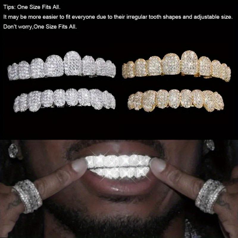 2pcs/ Set Hip Hop Cubic Synthetic Zirconia Teeth Grills Punk Tooth  Cosplay Rapper Jewelry Glittering Hip Hop Cubic Synthetic Zirconia Teeth Grills - 20pcs Top & Bottom Set for Rappers  Instantly   gold  teeth  cap Oral