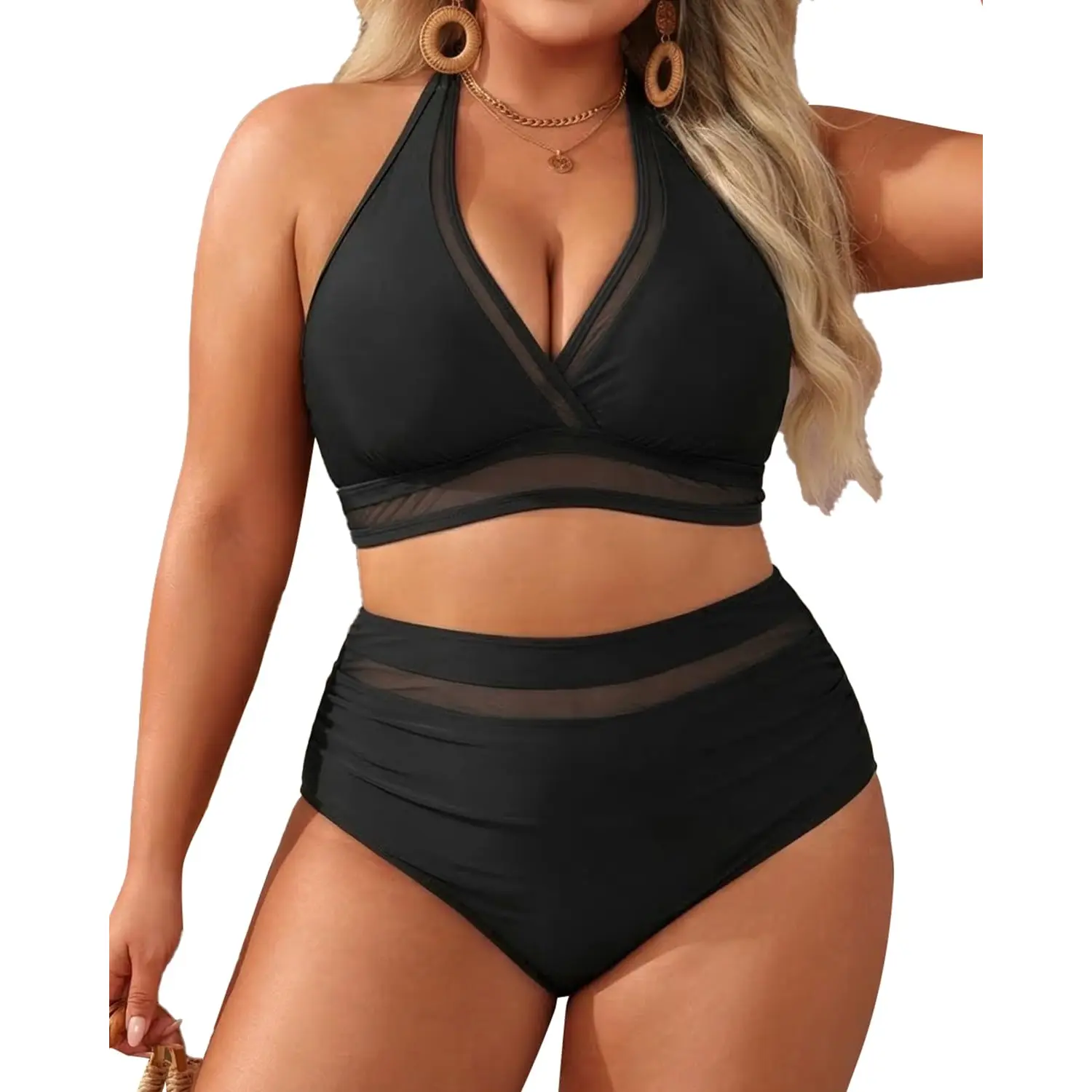 Tempt Me Women Plus Size Bikini High Waisted Swimsuits Mesh Tummy Control Two Piece Bathing Suit with Full Coverage Bikini Bottom