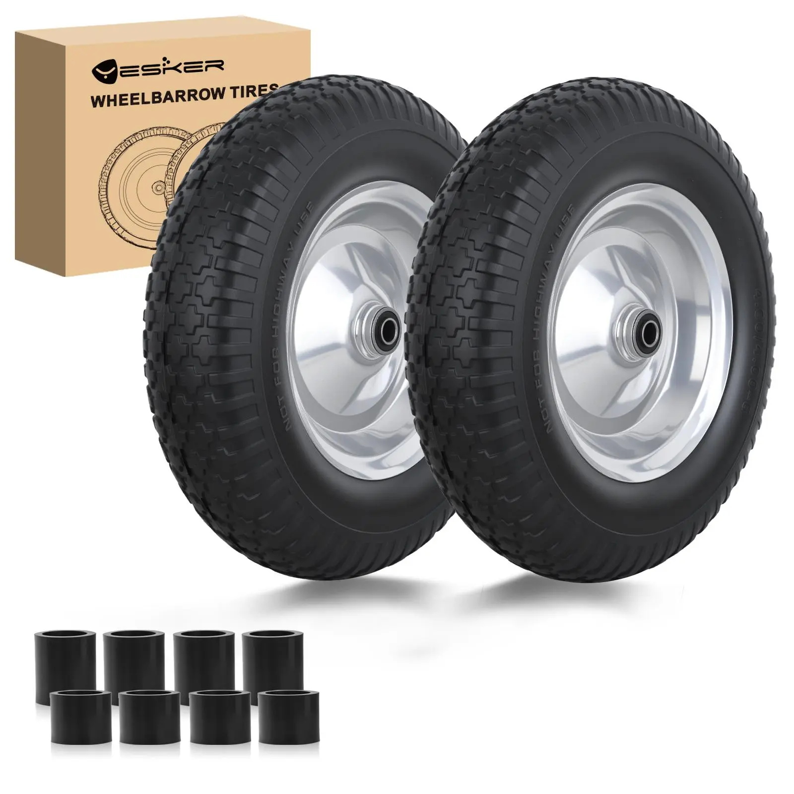 Yesker 4.80/4.00-8" Durable Flat-Free Foam Solid Tires & Wheels Replacement (2 Pack) - 14.5" Polyurethane Tread, 5/8" Axle Bore Bearing, Eliminates Punctures, High Load Performance for Wheelbarrow, Gorilla Cart