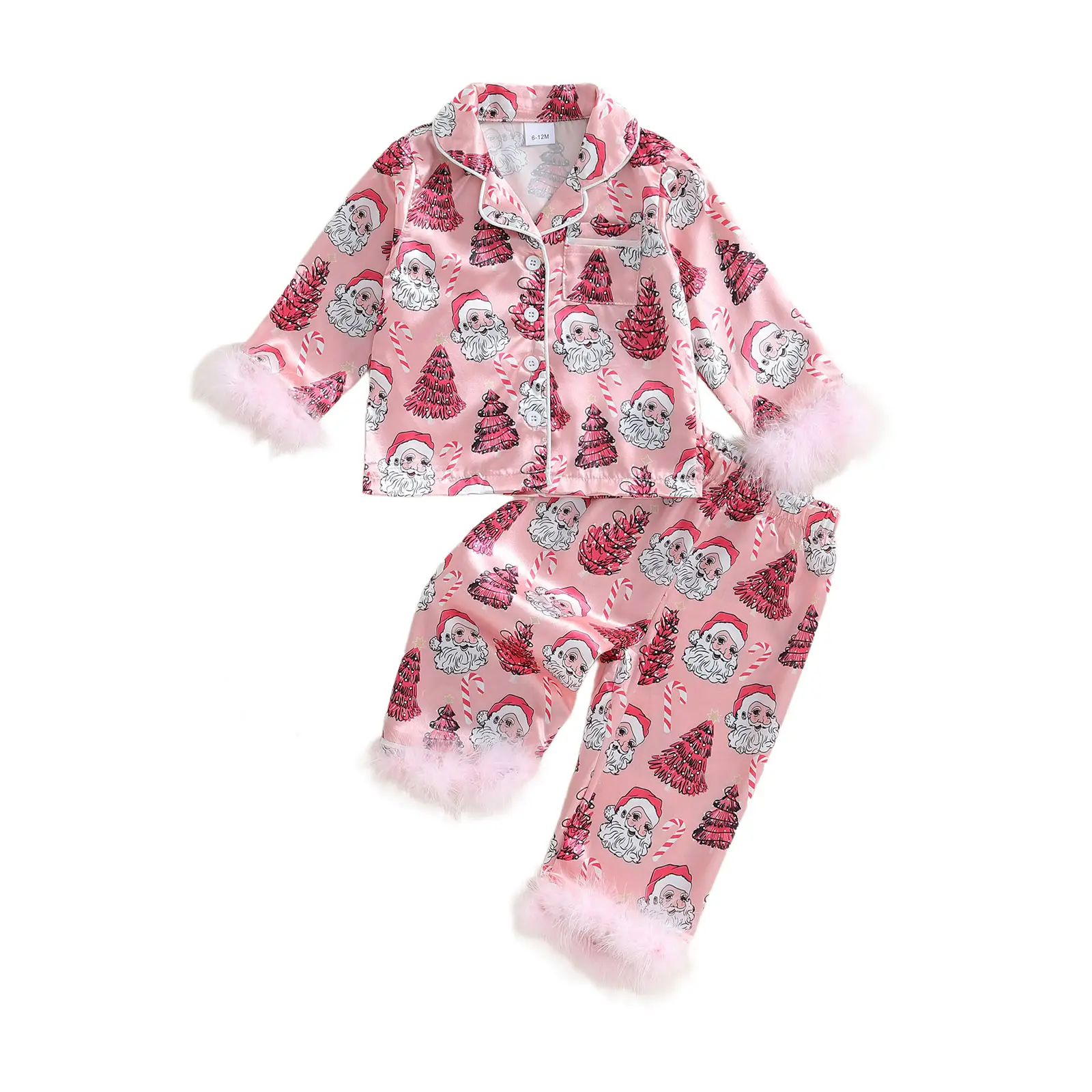 Girl Christmas Satin Pajamas Feather Cuffs Santa Tree Print Long Sleeve Lapel Tops + Pants Set Toddler Sleepwear