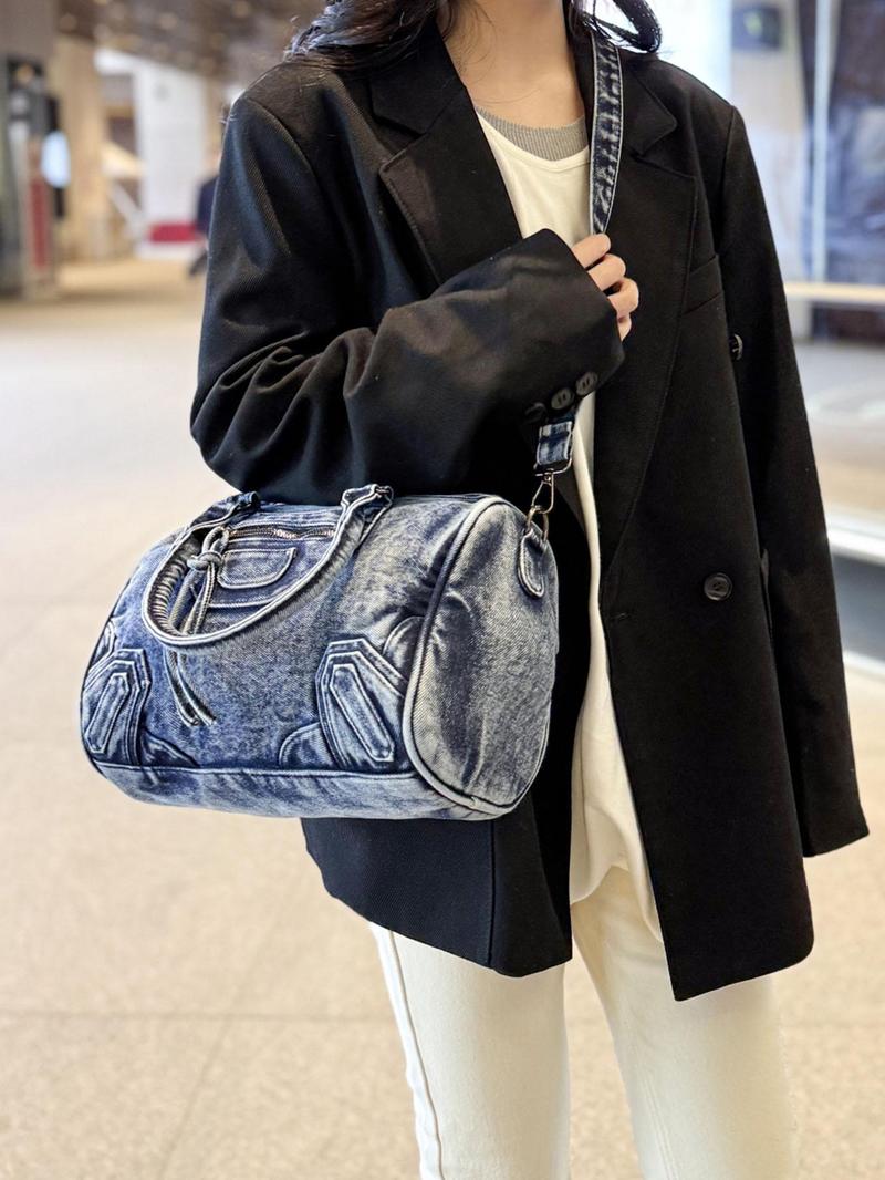 Women's Fashionable Denim Boston Bag, Casual Large Capacity Crossbody Bag for Daily Used, Trendy All-match Commuter Bag, Denim Shoulder Bag, Ladies Purse