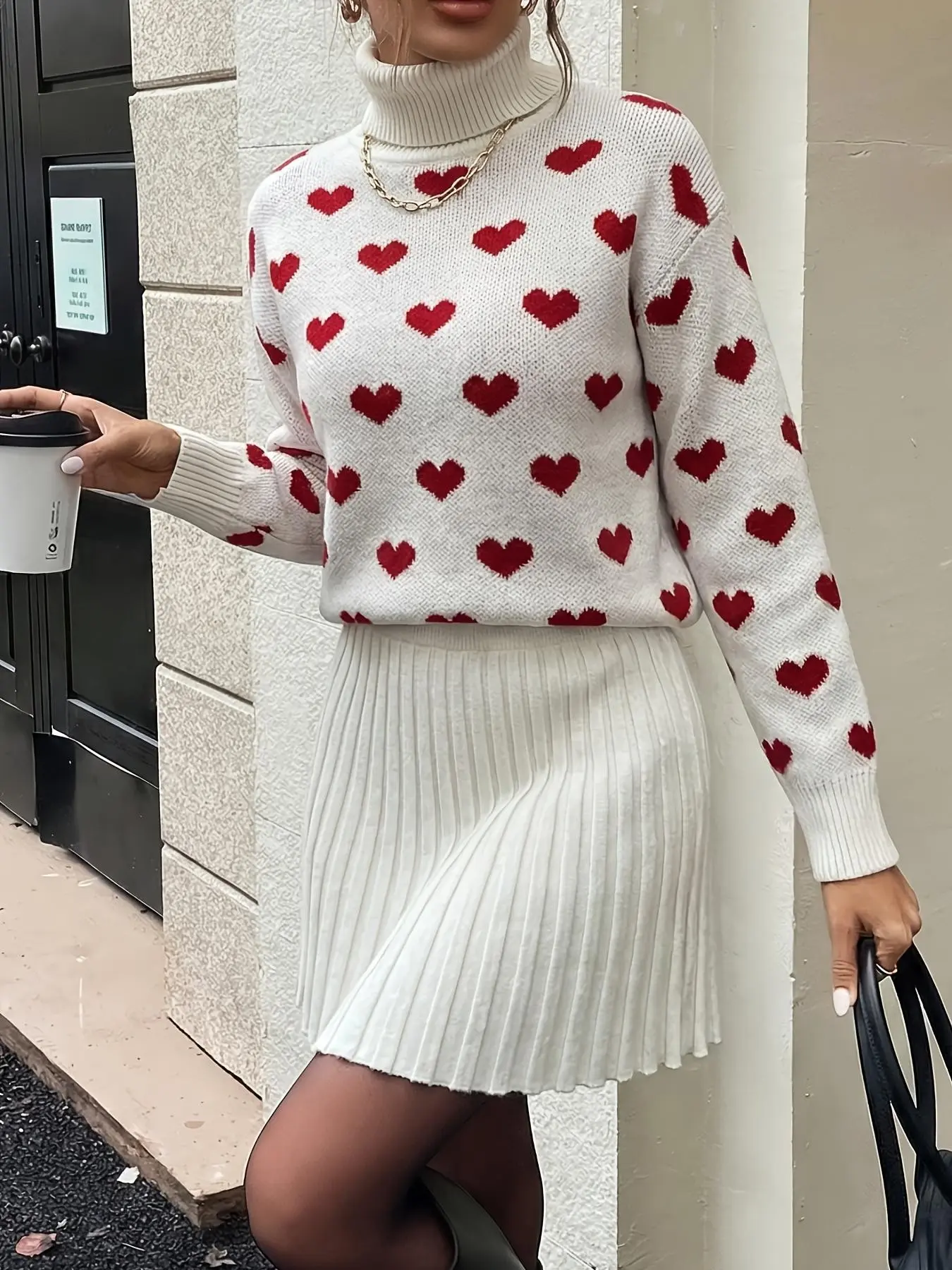 Women's Sweet Heart Pattern High Neck Knit Set, Valentine's Day Sweater Two-Piece Set, Loose Slim Fit Pleated Short Skirt, Fall Winter Date
