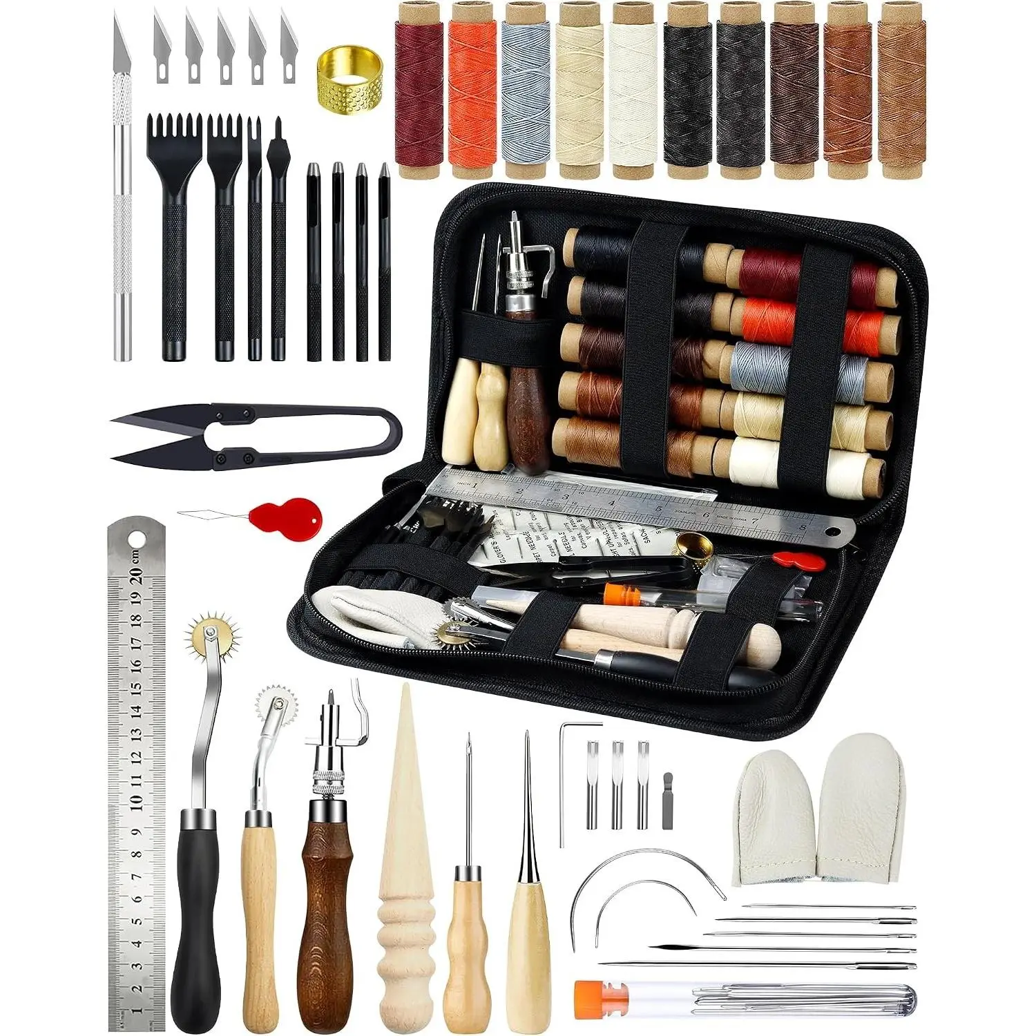 Professional Leather Working Tools for Beginners, Complete Leather Craft Kit with Waxed Thread Groover Awl Stitching Punch, Ideal Gifts for Adults for Leathercraft Hobby
