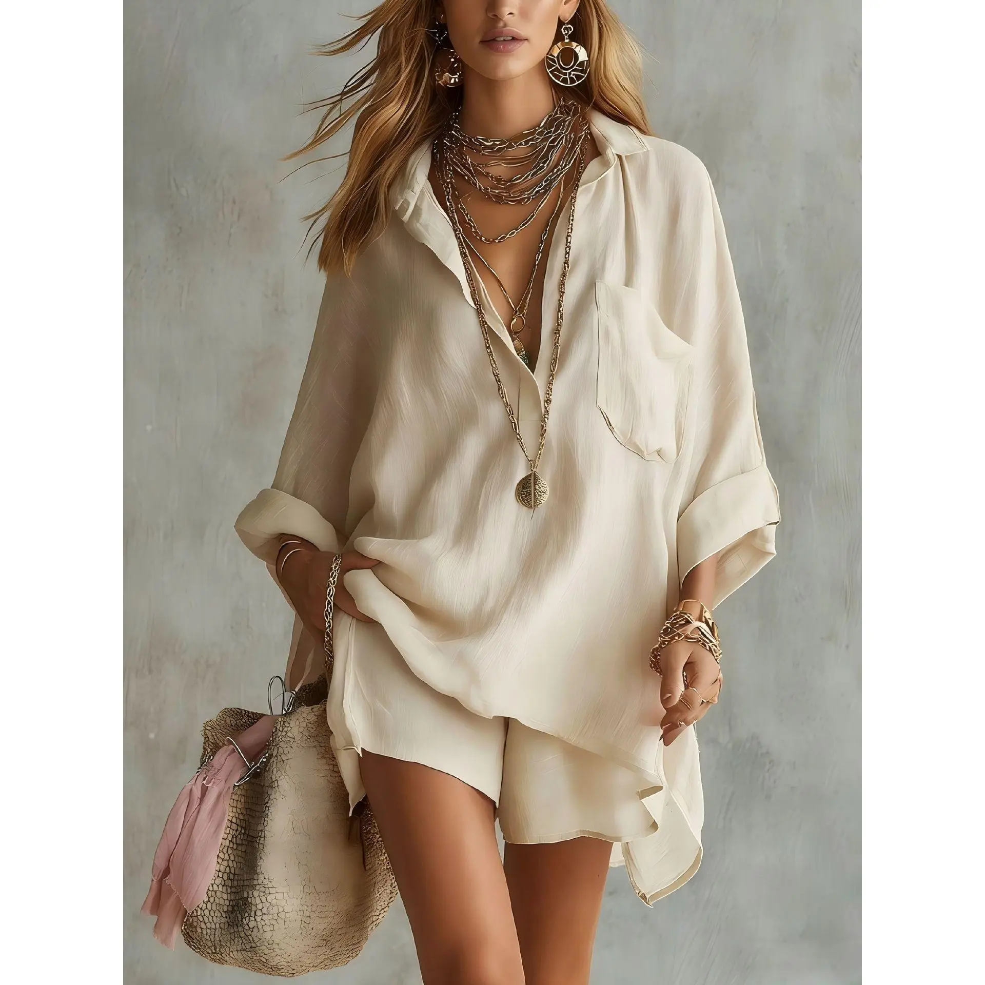 2026 Summer New Women's Fashion Cotton Linen Pockets Beach Shorts Shirt Set
