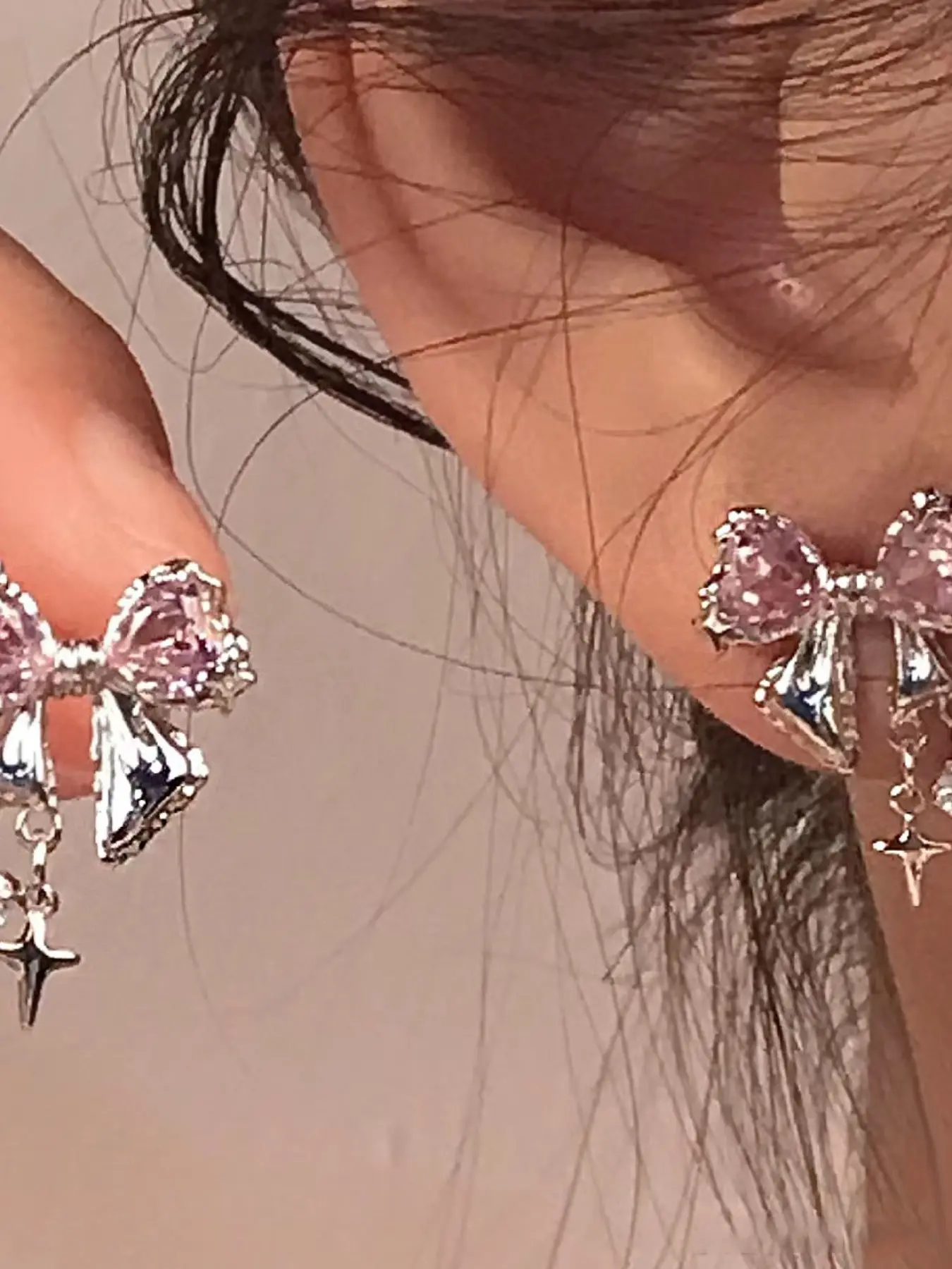 Sweet Cool Girl Diamond Bow Stud Earrings, Heart Zircon Star Pendant, Elegant Unique Atmosphere Jewelry for All Seasons