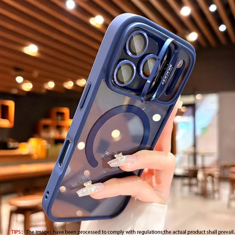Transparent Magnetic Lens Metal Stand Shockproof Protective Cellphone Phone Case Protector Cover for iPhone 17/17 Air/16/15/14 Plus/13/12/11 Pro Max, Wireless Charging Compatible Accessories, Mobile Phone Casing, Protection