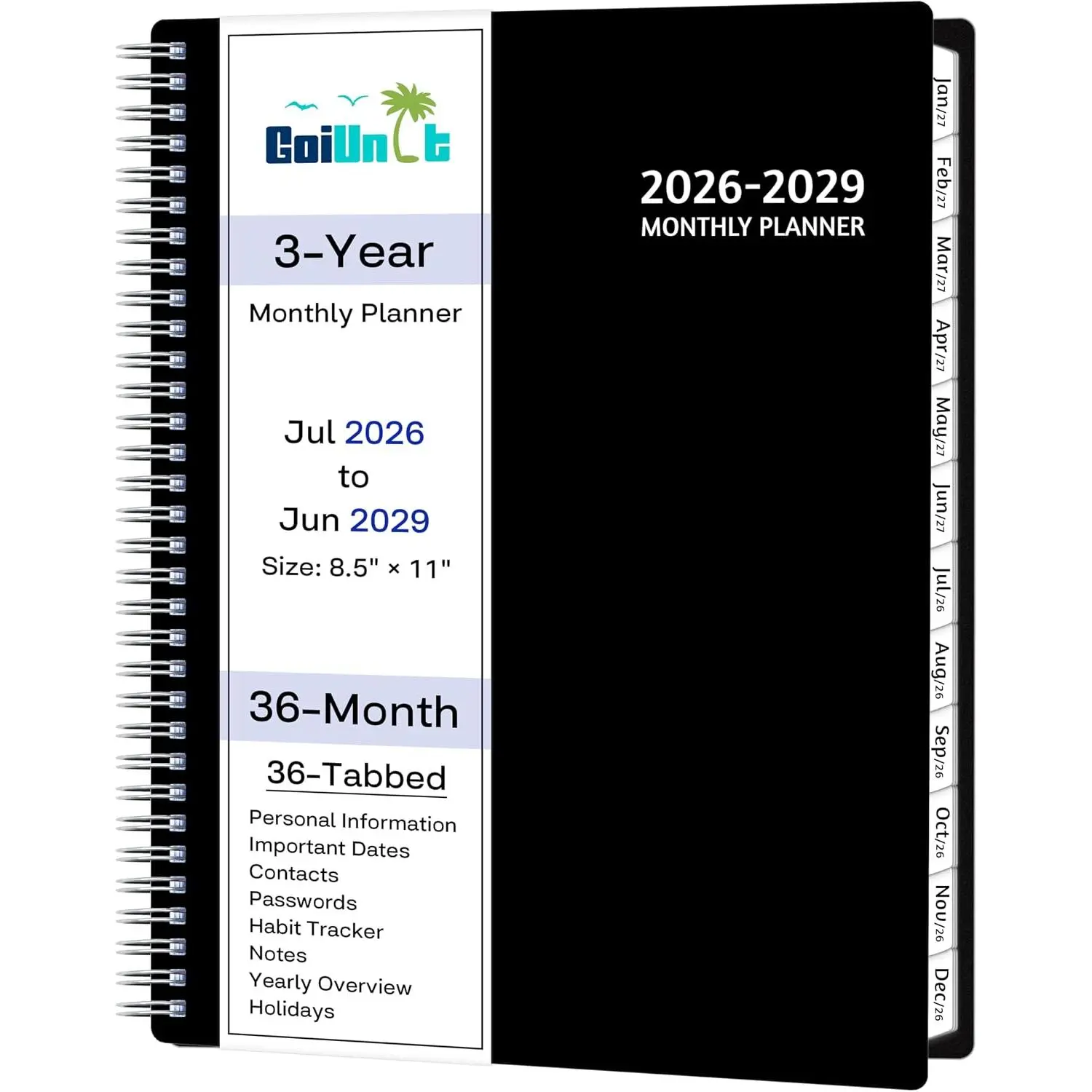 Monthly Planner 2026-2029, 36 Months Calendar Planner 2026-2029 from Jul 2026 – Jun 2029, 8.5'' x 11'' with Ruled Spread, Flexible Cover, Spiral Wirebound, Pocket, Coated Tabs, Notes & Habit