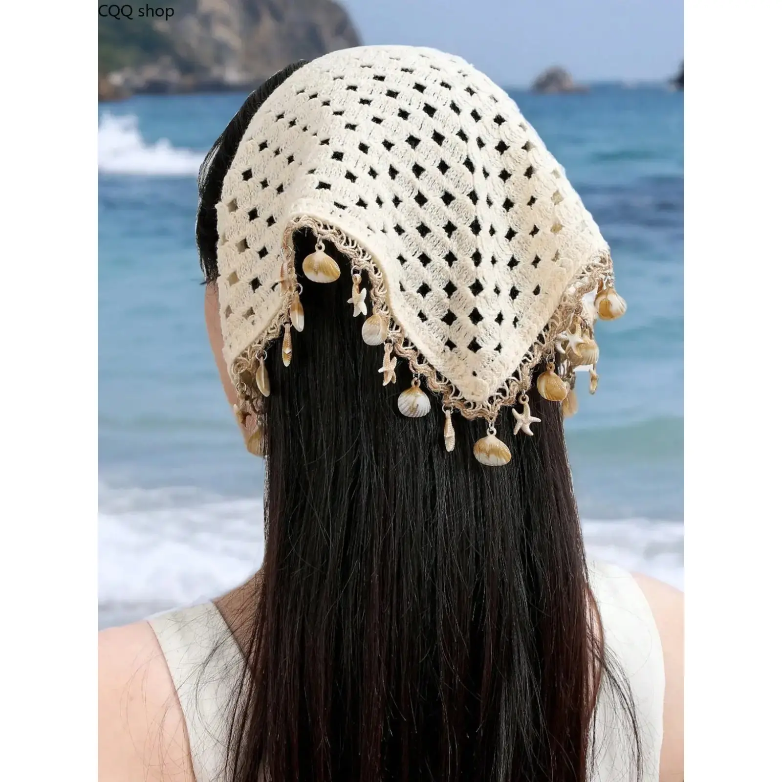 Boho Summer Women's Crochet Head Scarf with Seashells and Starfish Accents, Lace Trim, Ideal for Beach, Vacations & Daily Use, Casual Hair Accessory