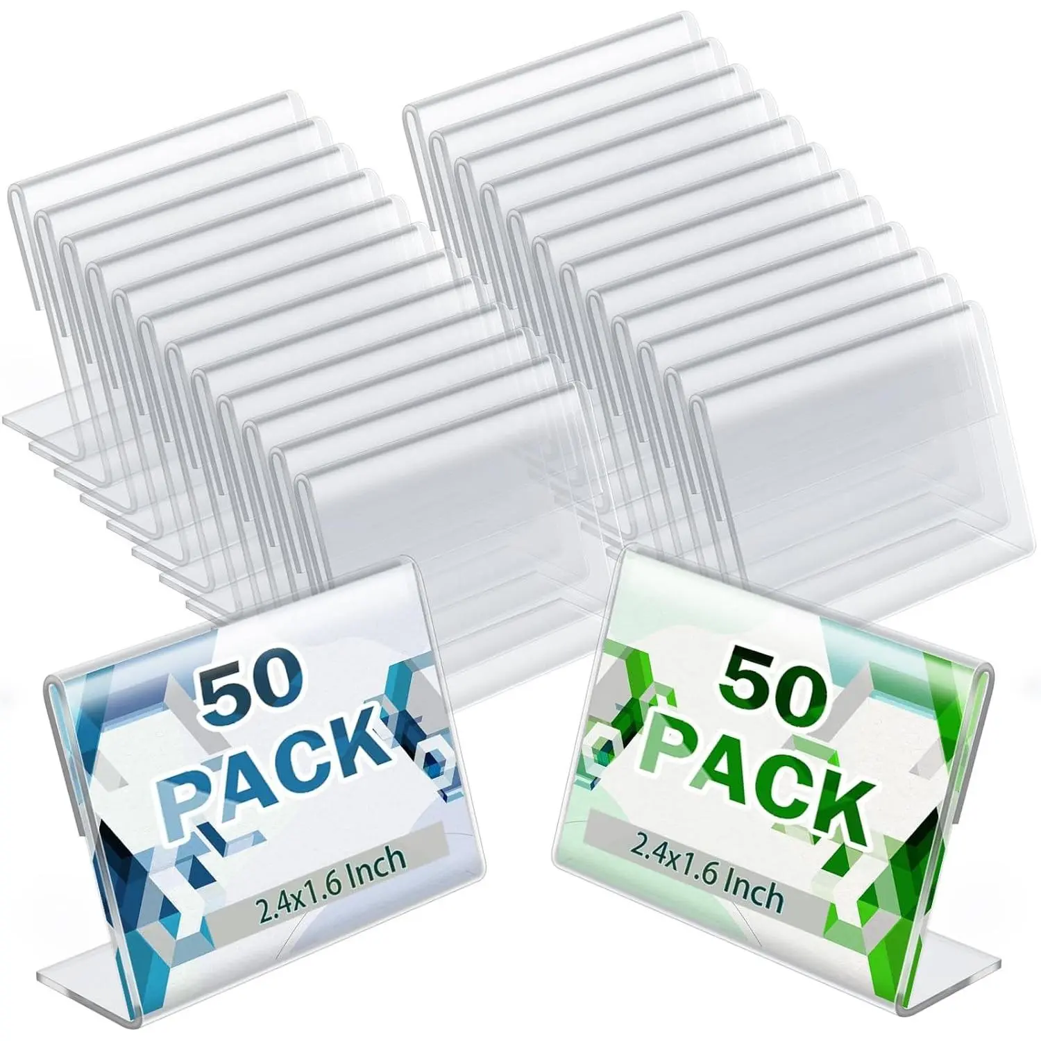 50 Pack Mini Clear L-Shape Plastic Sign Display Holders with Blank Labels, 2.36 x 1.57 Inch Horizontal Slanted Countertop Stand for Name Card, Price Tag and Label