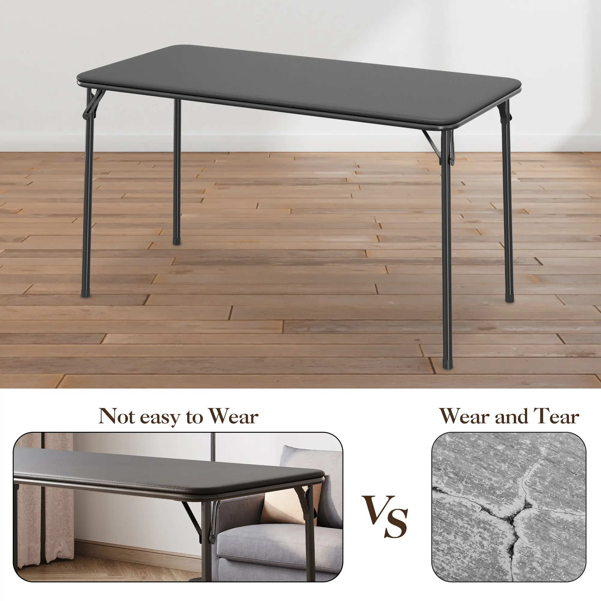 Sturdy Portable 47 Inch Folding Rectangular Table, 4ft Card & Camping Table with Lightweight PU Leather Padded Tabletop and Heavy-Duty Metal Frame, Multipurpose Foldable Table for Home Dining, Parties, Game Nights, Indoor and Outdoor Activities