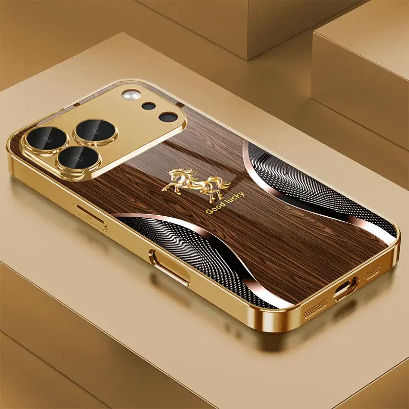 Phone Case - Wooden Background with Curved Golden Horse, Aesthetic High-End Personalized Pattern Plated Glass Phone Case for iPhone 17/16/15/14/13/12/11 and Samsung Galaxy S26/S25/S24/S23 A series, Fashionable Aesthetic 995