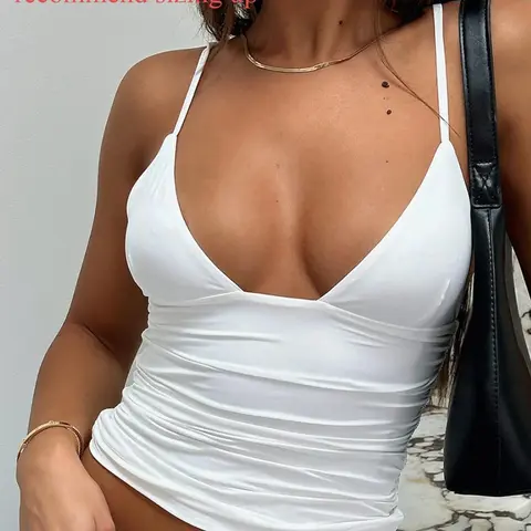 Women's Solid Backless Ruched Crop Cami Top, Casual Basic Adjustable Spaghetti Strap Sleeveless Top for Summer, Women's Clothing for Beach Holiday