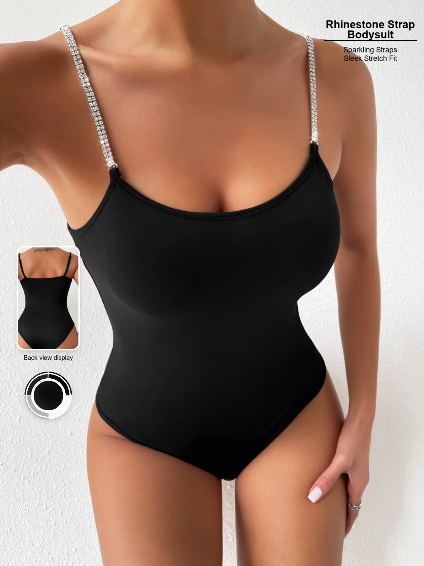 Women's Rhinestone Strap Bodysuit, Sleeveless Scoop Neck, Slim Fit Stretch Party Tank Top, Fashionable Evening Wear